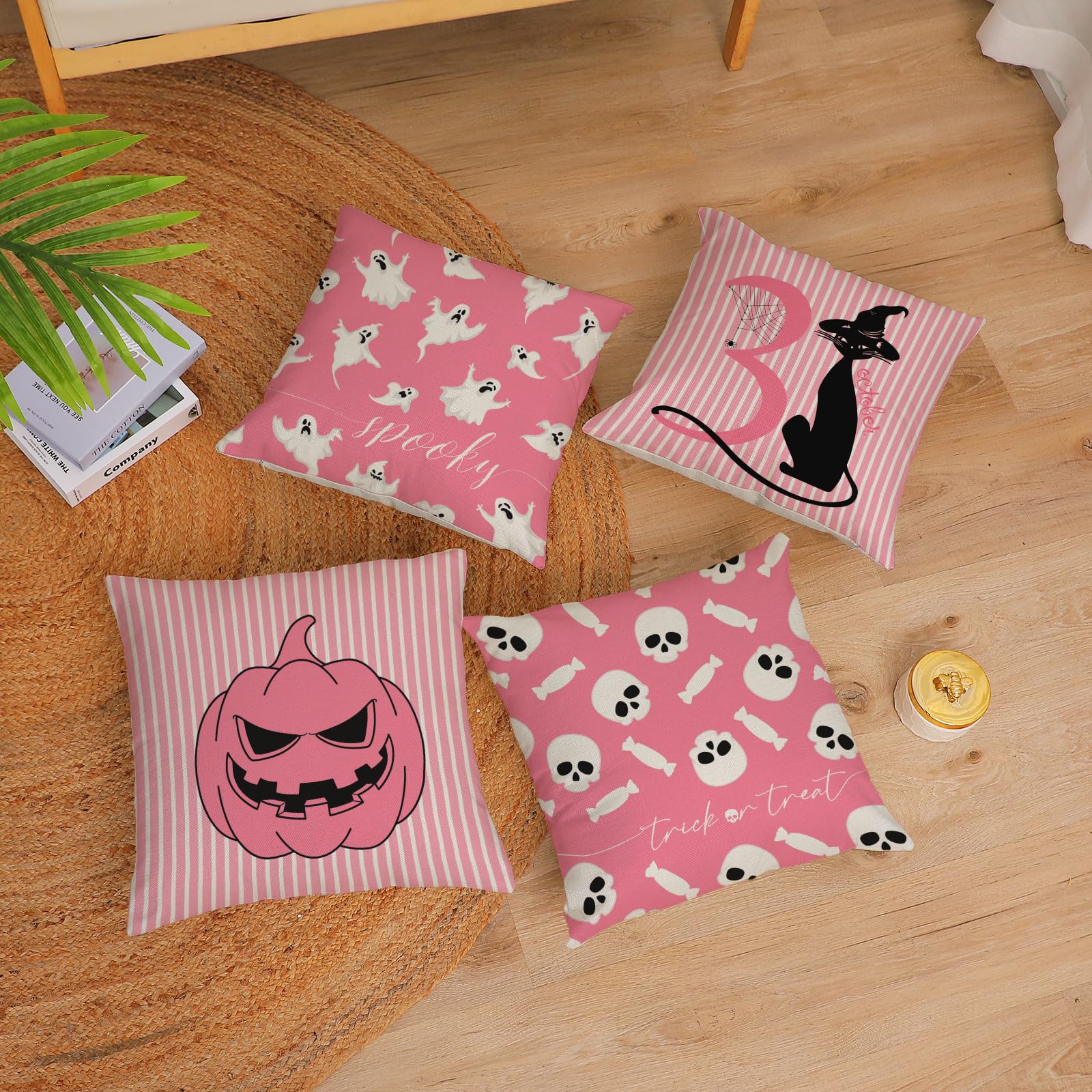 Halloween Pillow Covers 12x12 Inch Set of 4 - Cute Pink Ghost Skull Cat Pumpkin Decorative Throw Pillow Cases for Sofa, Couch, Bed - Spooky Home Decor & Outdoor Halloween Party Decoration