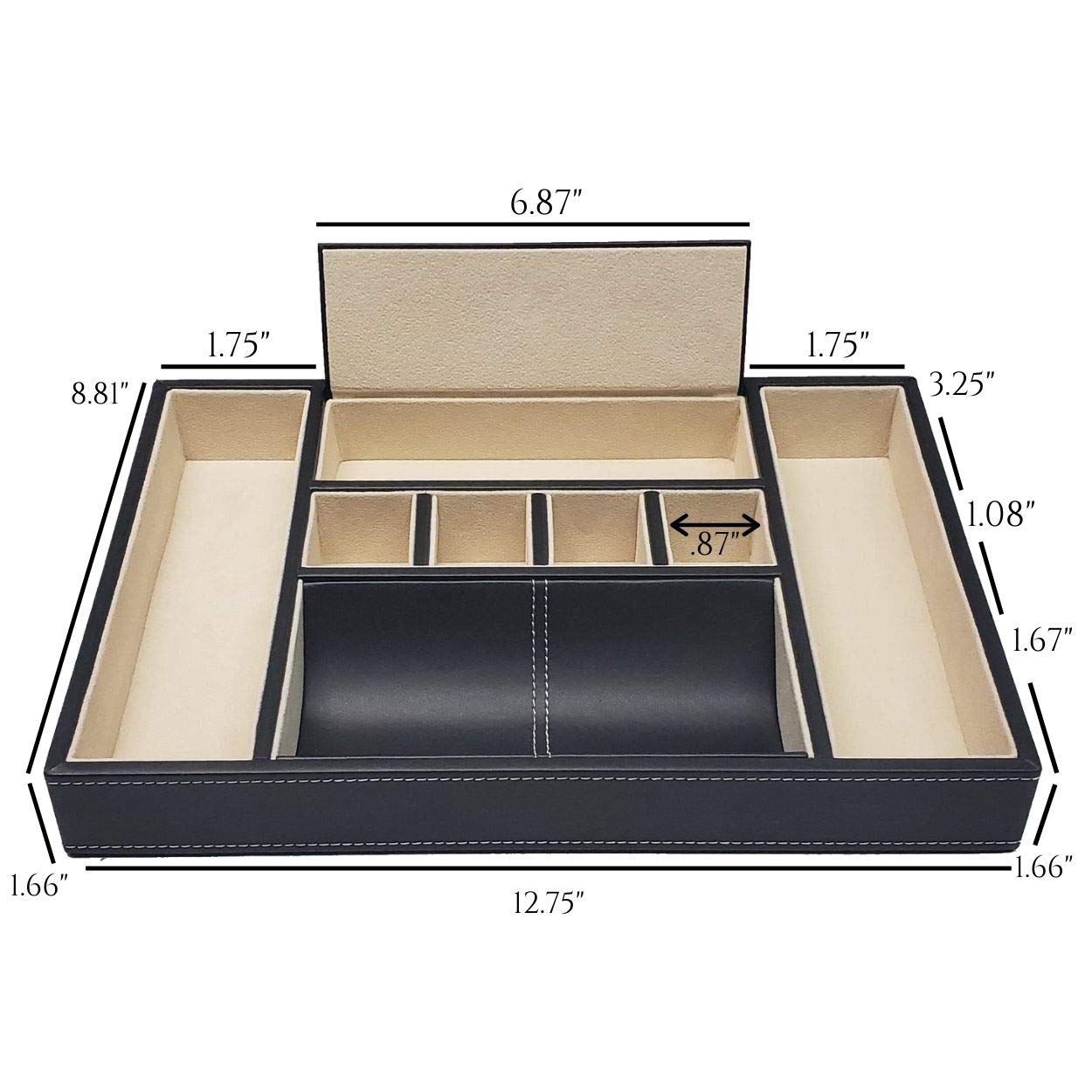 Black Leatherette Valet Tray - Desk & Dresser Drawer Organizer for Keys, Phone, Jewelry, Watches, Coins & Accessories | Perfect for Home Office, Bedroom & Father's Day Gifts