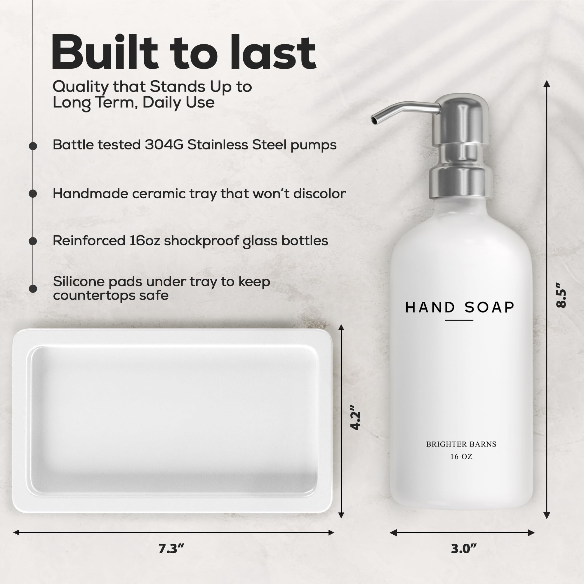 Brighter Barns White Glass Hand & Dish Soap Dispenser Set with Tray - Modern Kitchen Decor for Office, Hotel, Vacation Rental & Airbnb - Elegant Soap Pump for Bathroom, Kitchen Sink & Countertop Organization