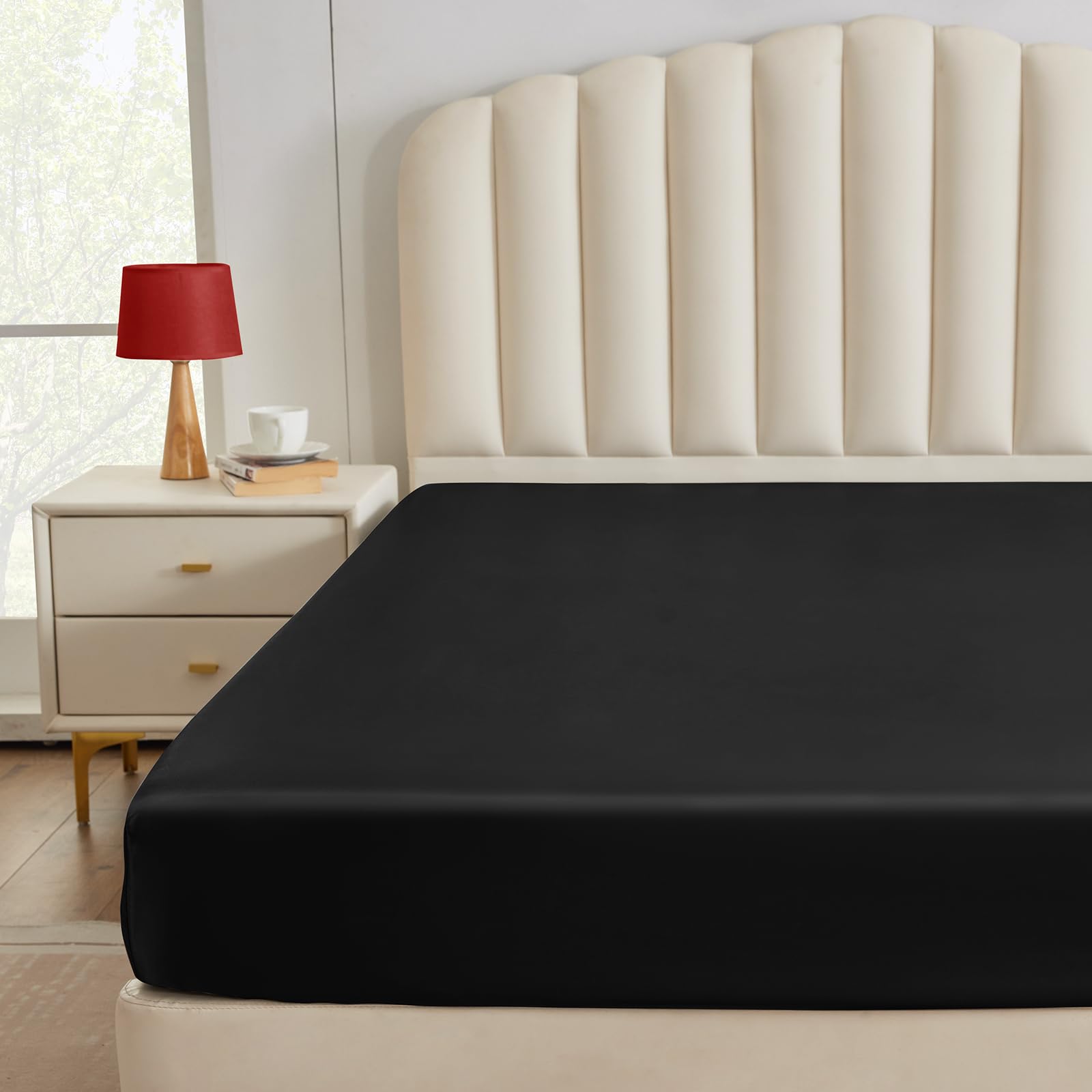 CozyLux Queen Size Satin Fitted Sheet - Black Silky Smooth Deep Pocket Bed Sheet with Breathable Microfiber - Perfect for Luxury Bedrooms, Guest Rooms & Hotel Style Comfort