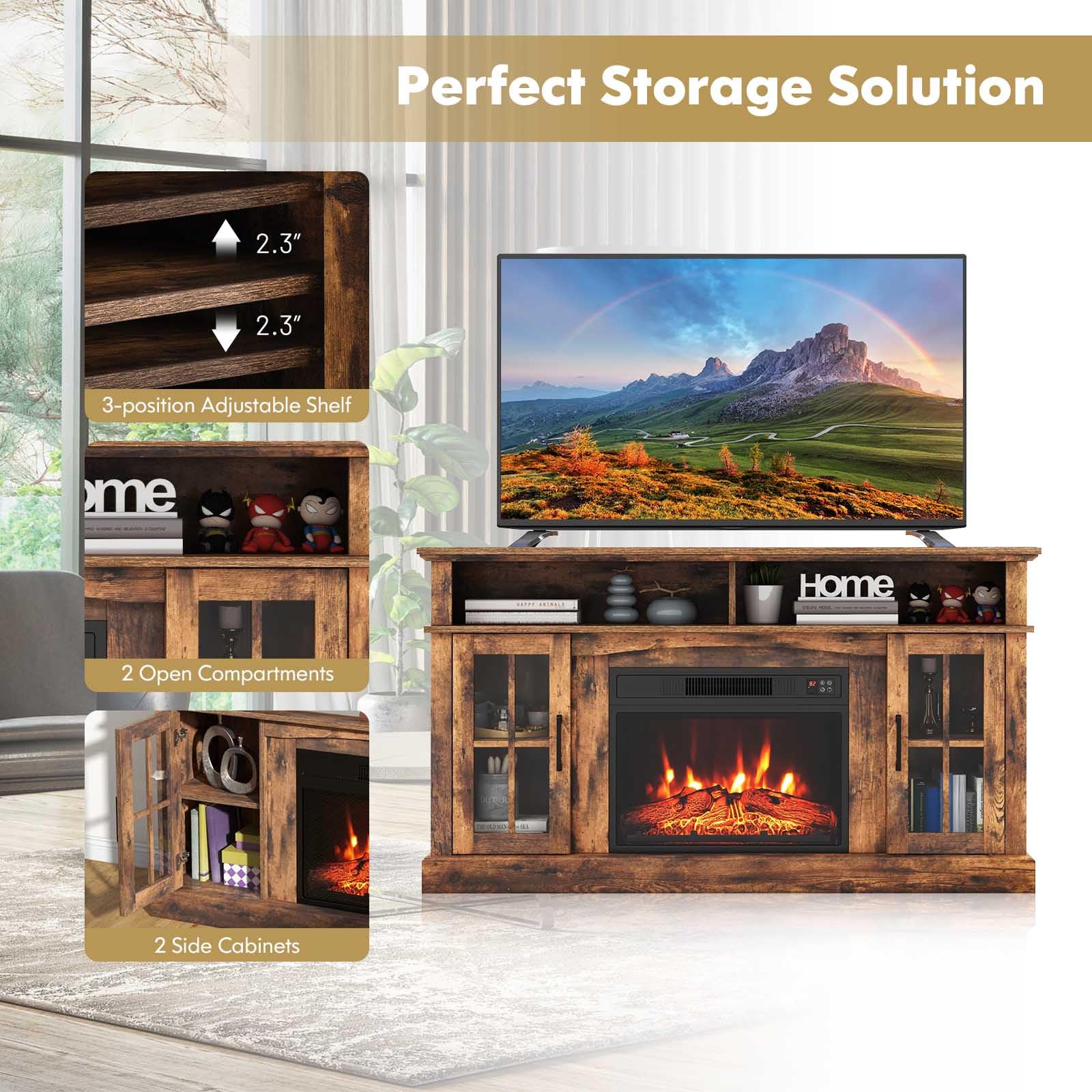 COSTWAY 65 Inch Electric Fireplace TV Stand with 1400W Heater, Remote Control & Adjustable Shelves - 6H Timer, 3 Flame Levels, Overheat Protection, CSA Certified (Brown) - Perfect for Living Room, Bedroom & Home Office