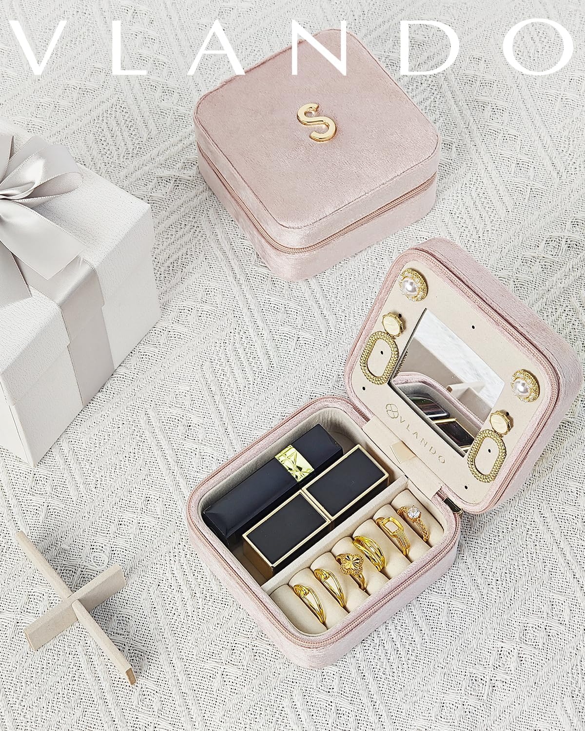 Vlando Personalized Initial Jewelry Travel Case - Small Pink Jewelry Box for Women, Girls, Mom & Grandma | Perfect Mother's Day Gift, Birthday Present | Compact Jewelry Organizer for Travel, Vacation & Daily Use