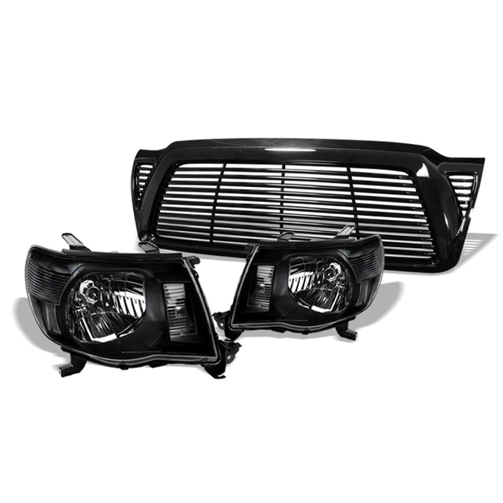 Black Crystal Clear Headlights + Glossy Black Horizontal Front Bumper Grille Guard ABS Compatible with 2005-2011 Toyota Tacoma - Upgrade Your Truck's Style & Protection for Off-Road Adventures