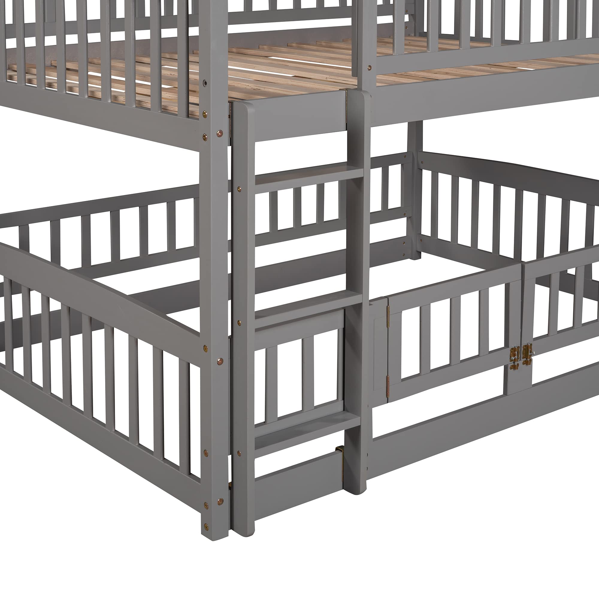 Harper & Bright Designs Full Over Full Low Kids Bunk Bed with Slide - Wooden Bunk Bed Frame with Safety Guardrail, Ladder & Fun Small Door for Toddlers, Kids & Teens - Perfect for Small Bedrooms, Playrooms & Sleepovers (Grey)