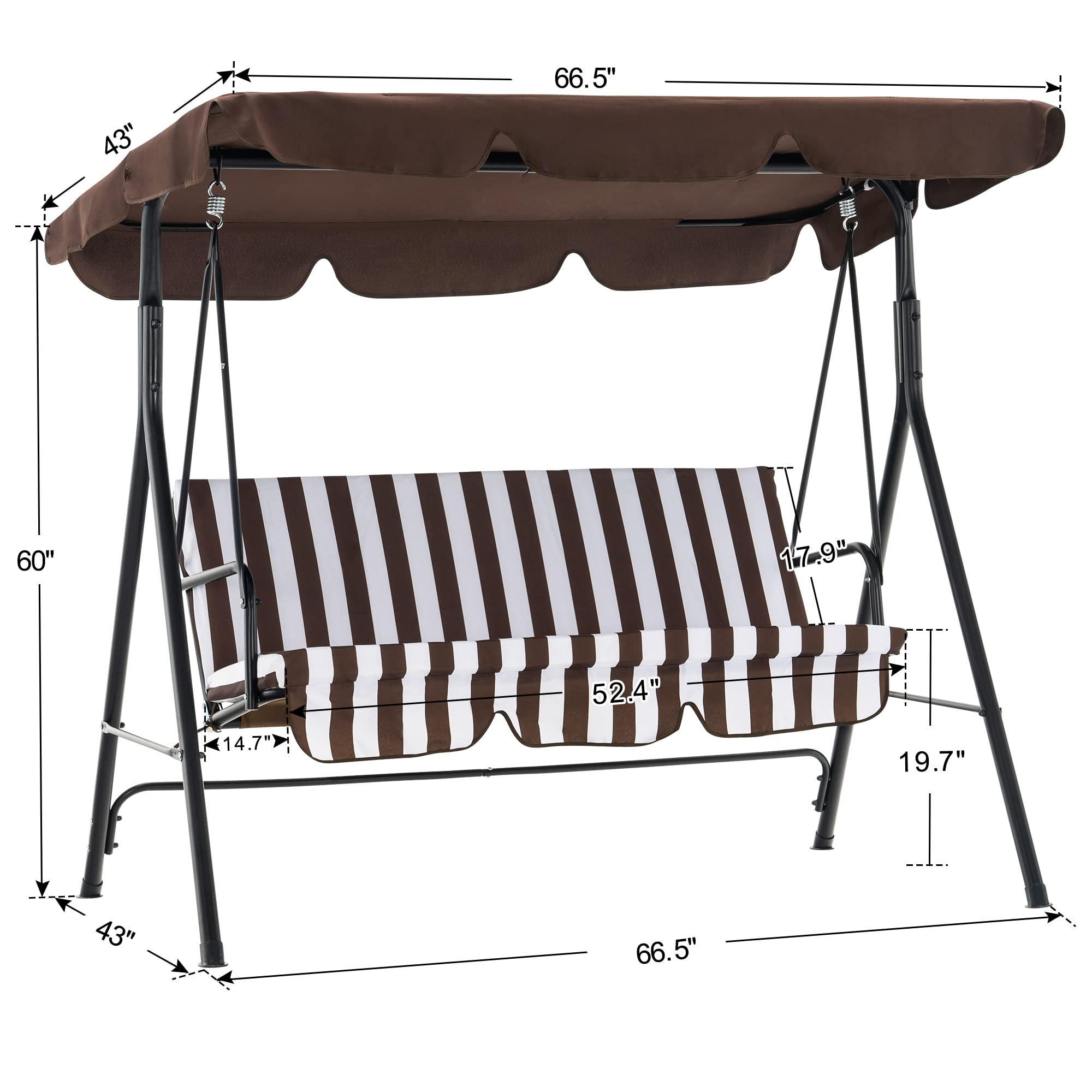 MCombo 2-3 Person Outdoor Patio Swing Chair with Canopy & Steel Stand - Removable Cushions, Weather-Resistant, for Backyard, Garden, Balcony, Porch (Brown with White Stripes) - Perfect for Relaxing, Lounging & Enjoying Summer Breezes