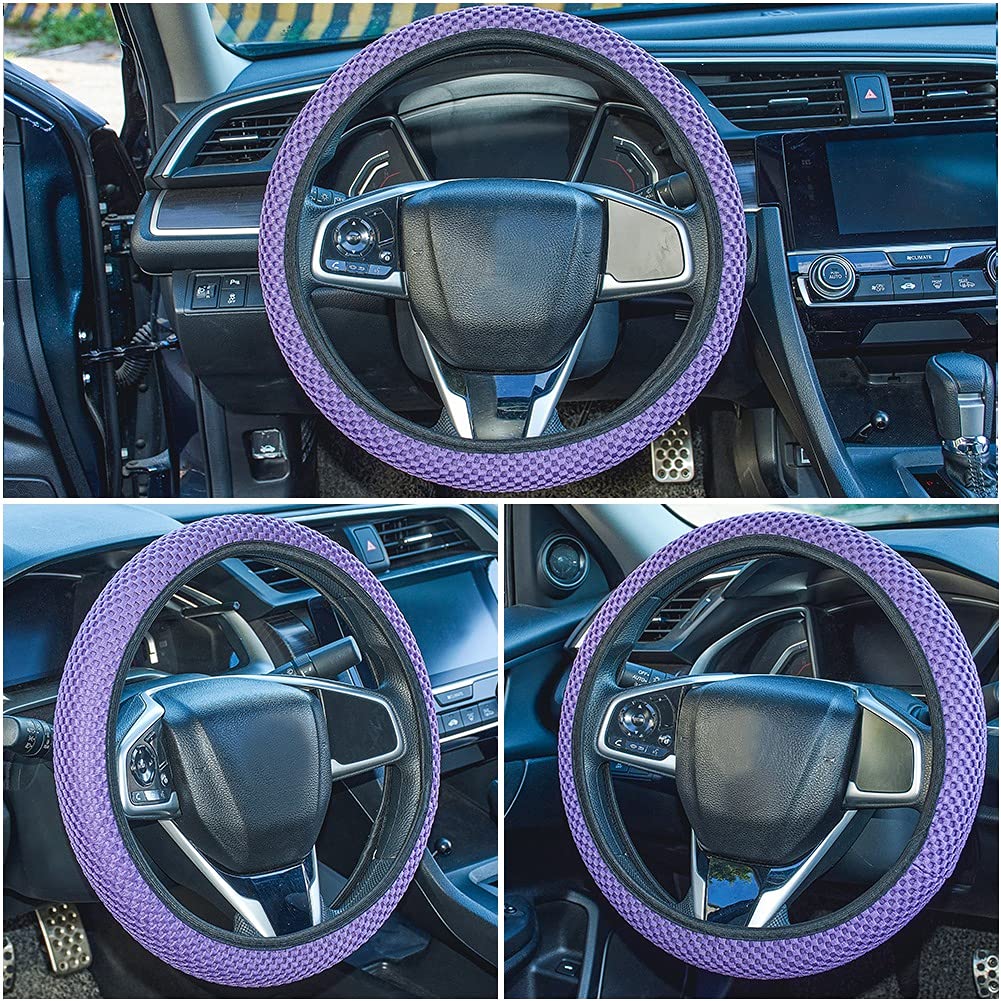 Elastic Stretch Steering Wheel Cover - Soft, Breathable Ice Silk Car Steering Wheel Protector - Fits 15 Inch Wheels - Purple - Perfect for Summer Driving & Hot Weather Comfort