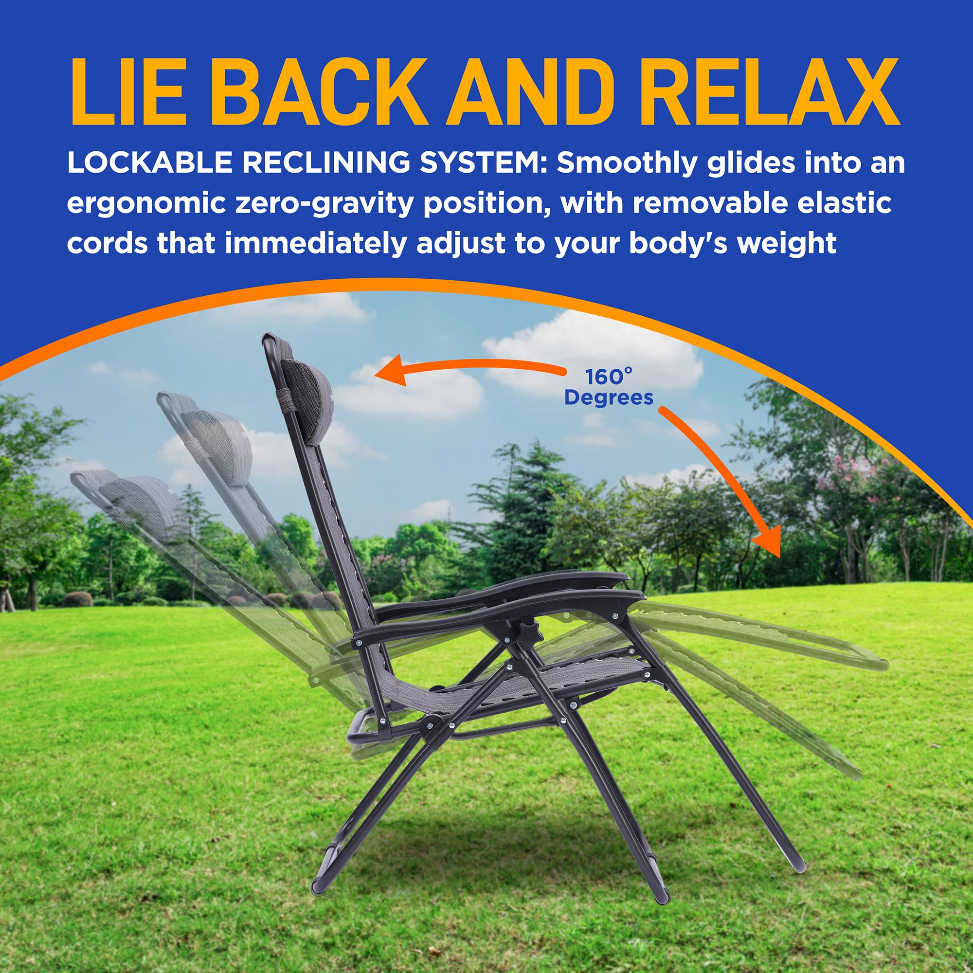 SereneLife Zero Gravity Lounge Chairs Set of 2 - Adjustable Steel Mesh Outdoor Recliners with Cup Holder & Removable Pillows - Foldable Patio Chairs for Backyard, Poolside & Camping - Comfortable Grey Lawn Chairs for Relaxation