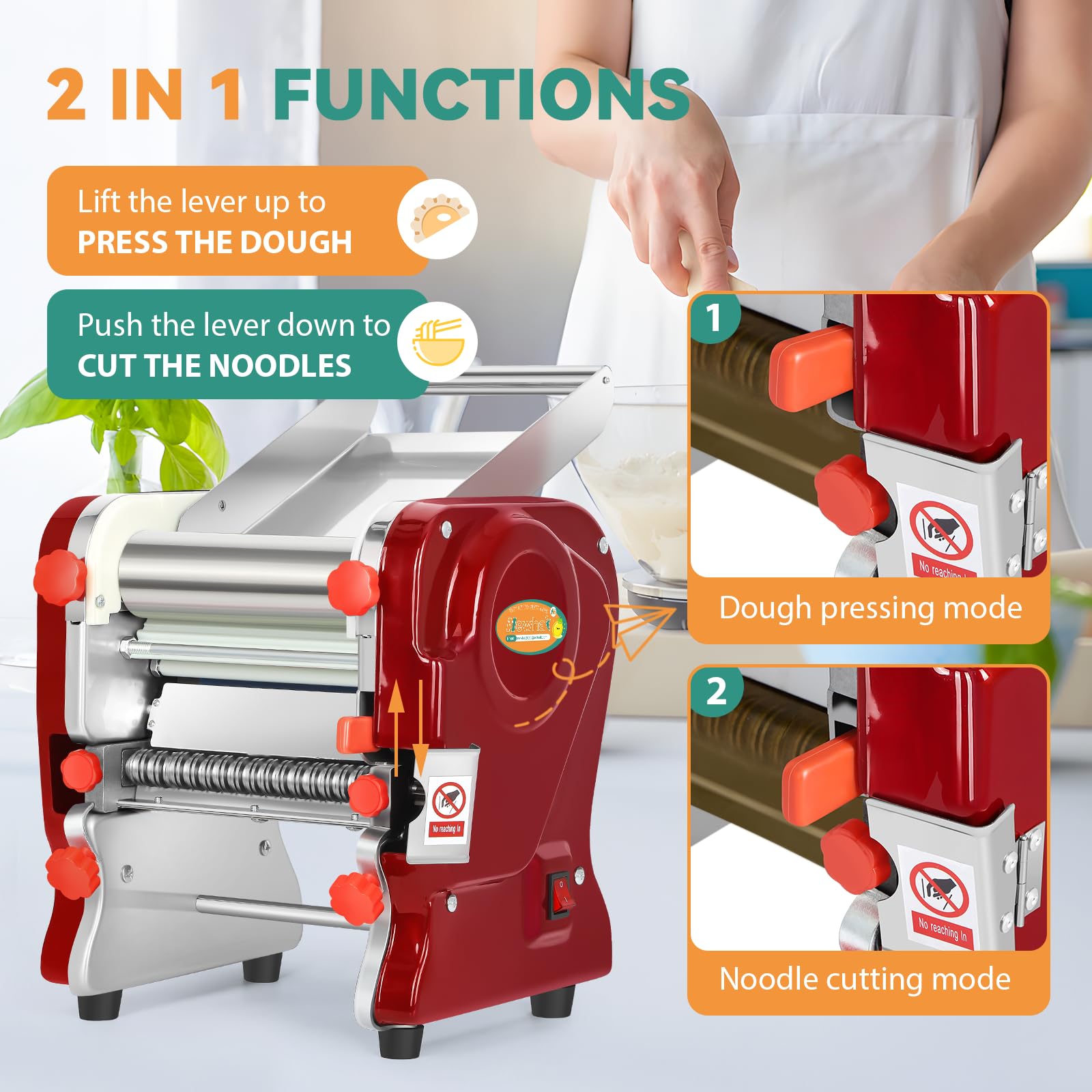 Commercial Electric Pasta Maker Machine - 550W Heavy Duty Automatic Noodle & Dough Press with 2mm/6mm Dual Blades - Stainless Steel Pasta Roller for Italian Cuisine, Home Kitchen & Restaurant Use