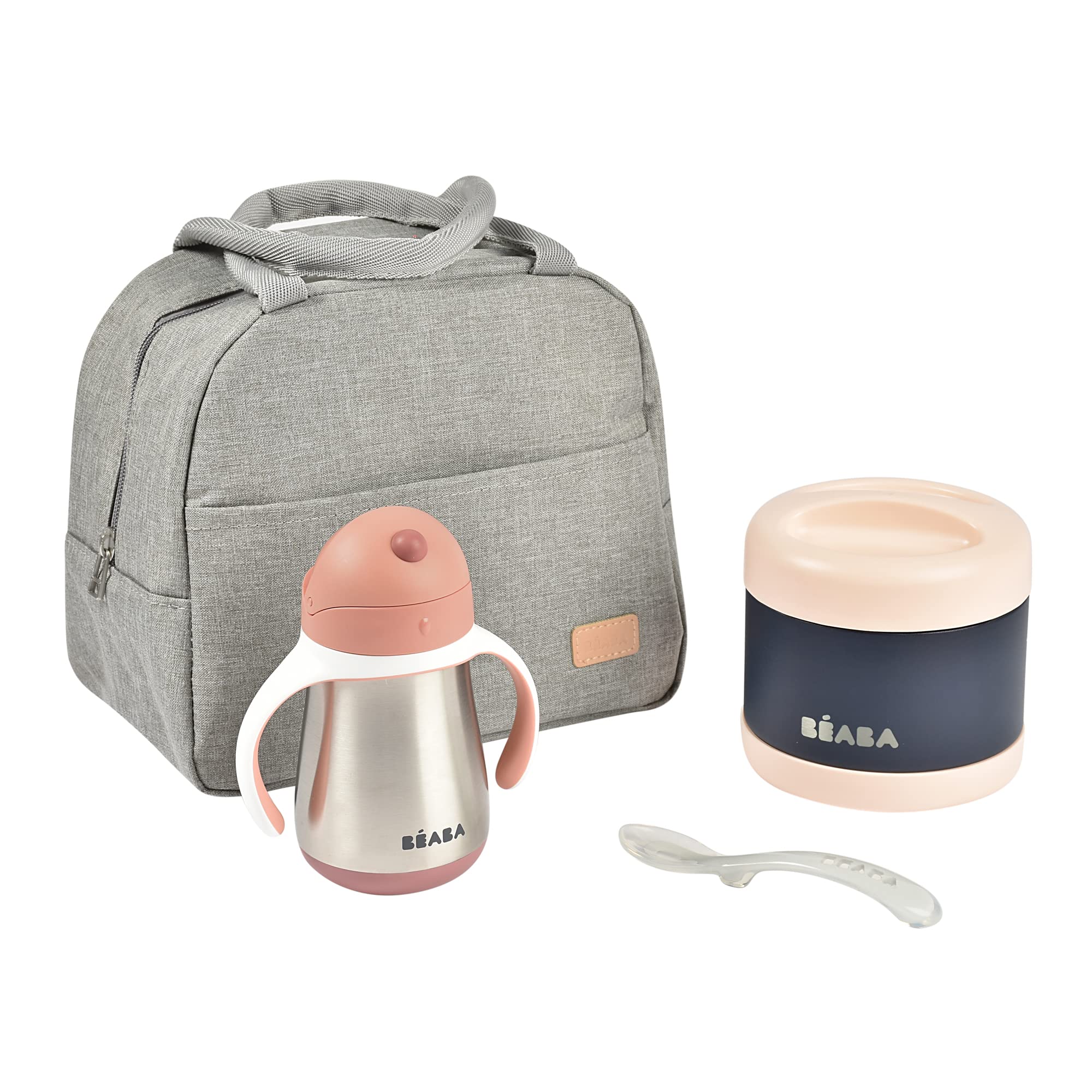 BEABA On The Go Meal Set - Insulated Kids Lunch Box with Stainless Steel Food Jar, Sippy Cup & Silicone Spoon - Portable Baby Food Containers for School, Travel & Picnics (Rose)