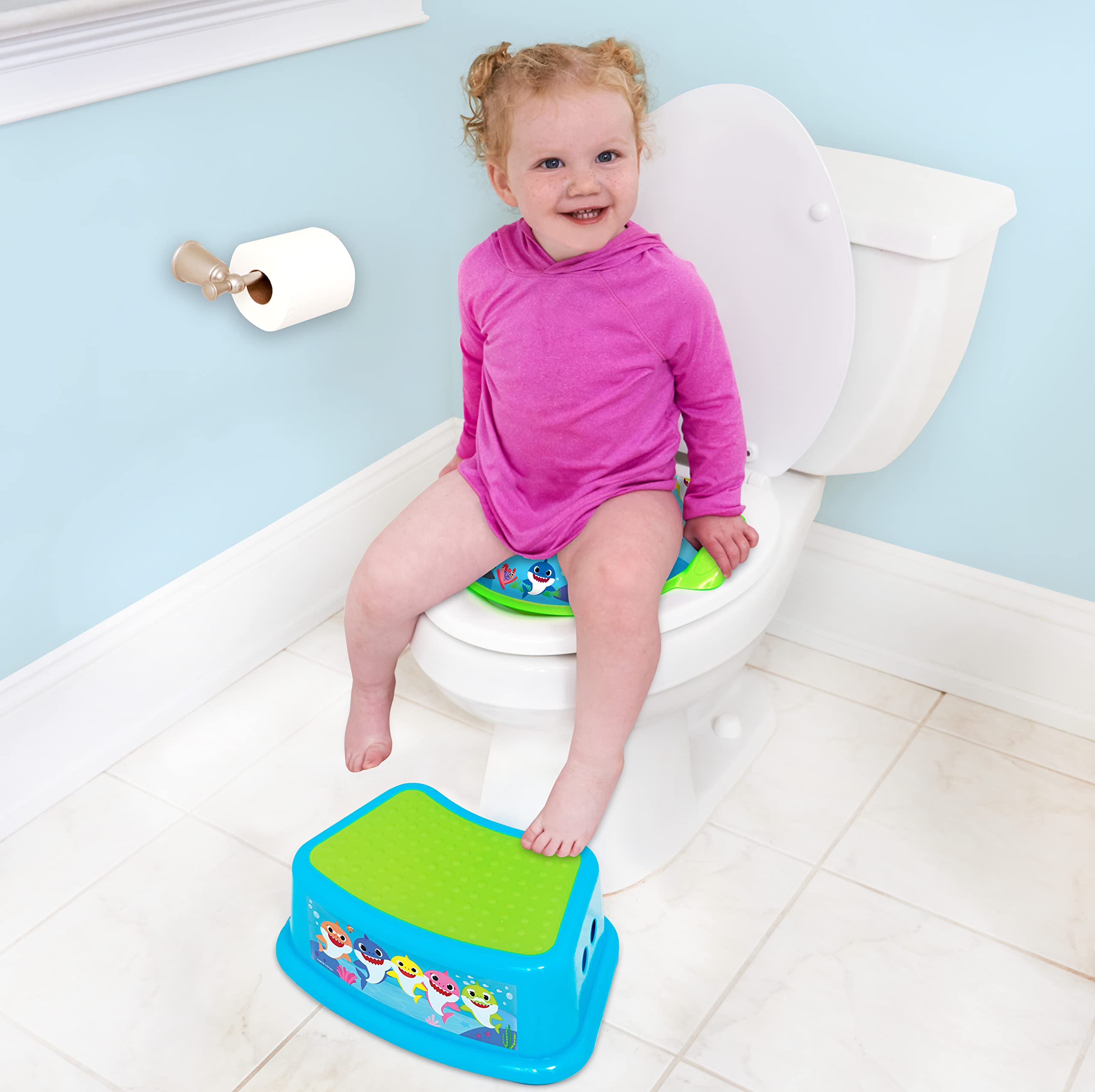 Pinkfong Baby Shark 2-Piece Potty Training Set with Soft Cushion & Step Stool - Safe, Easy to Clean Toilet Trainer for Toddlers - Perfect for Home, Daycare & Travel Use