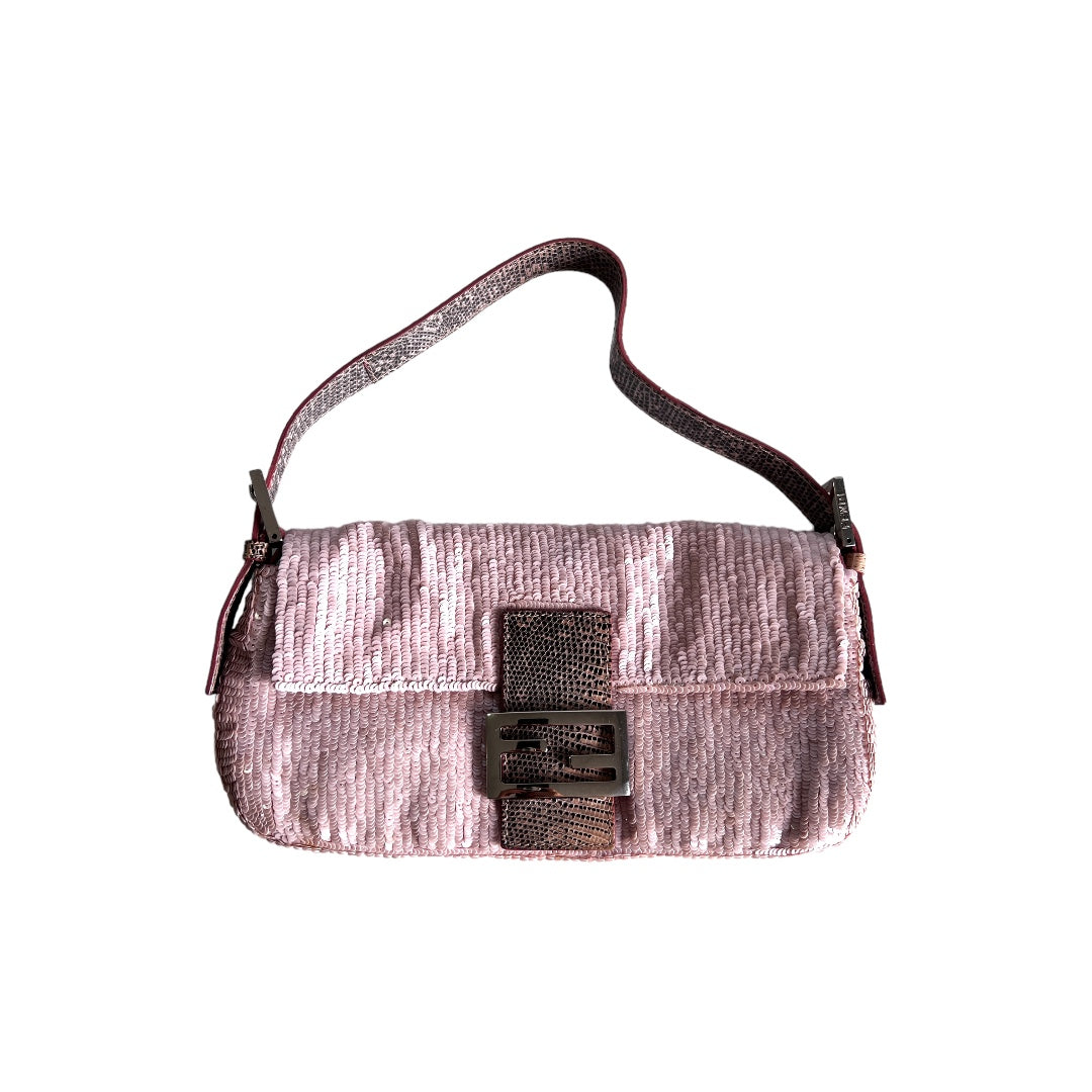 Vintage Fendi Pink Sequin Baguette Bag - Luxury Designer Shoulder Bag for Women, Perfect for Parties, Weddings & Evening Events