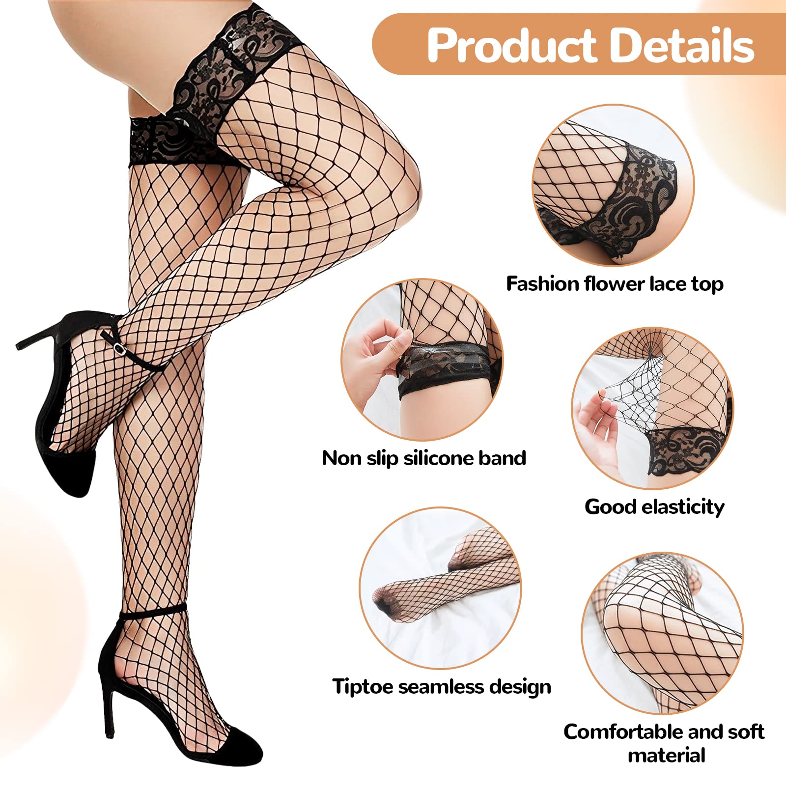 2 Pairs Fishnet Stockings for Women - White & Black Lace Thigh High Hold Up Elastic Stockings - Sexy Anti-Slip Tights One Size Fits Most - Perfect for Halloween, Cosplay, Date Night & Boudoir Photography