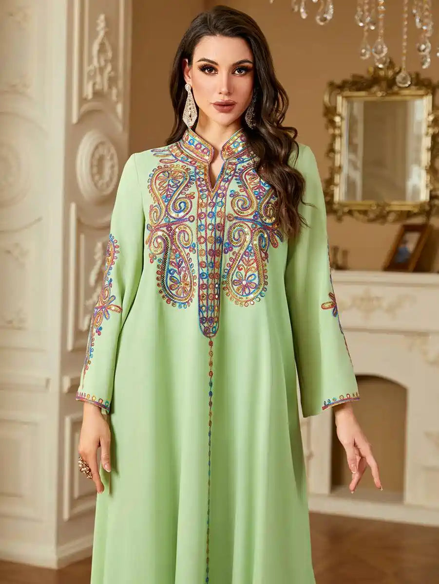 Elegant Eid Dress with Sequins & Embroidery - Flowy Caftan Kaftan for Women #254221 - Perfect for Festivals, Parties, and Special Occasions