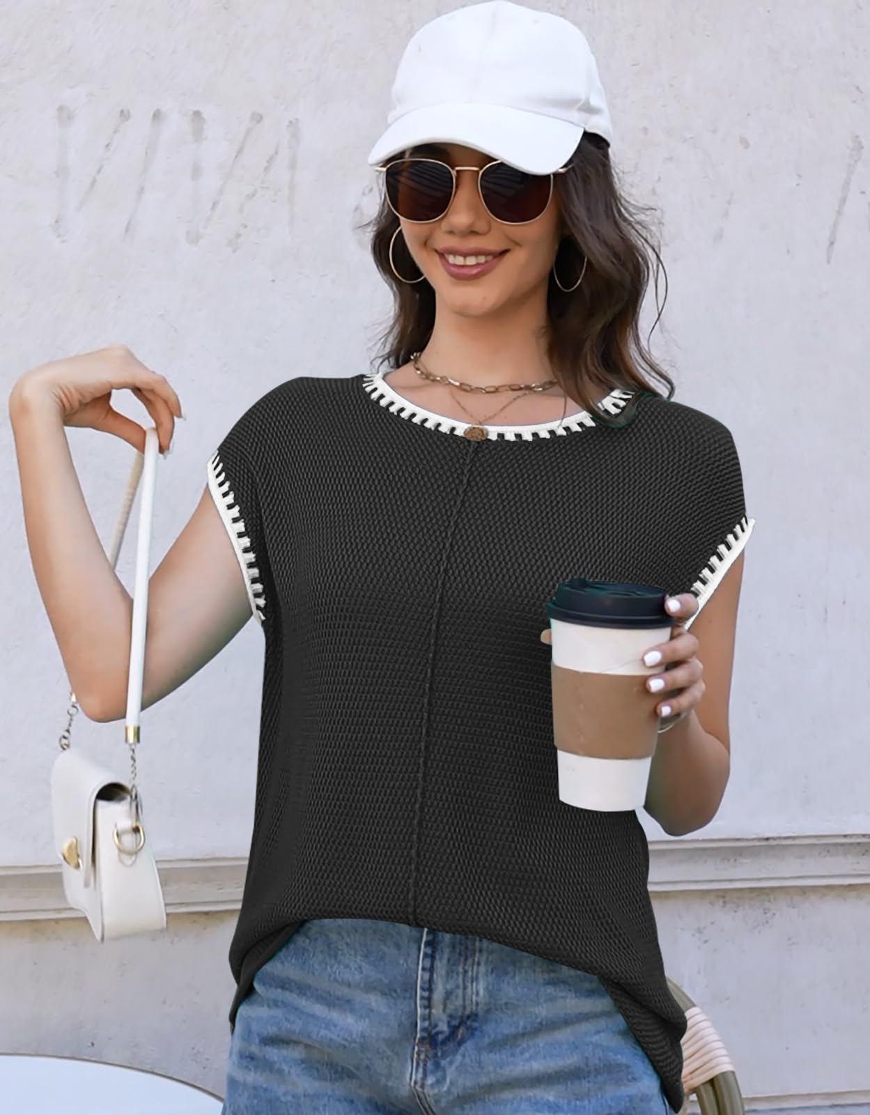 Women's Waffle Knit Sweater Shirts - Cap Sleeve Summer Tops & Basic Tank Tops | Casual Outfits, Beach Wear & Layering Essentials