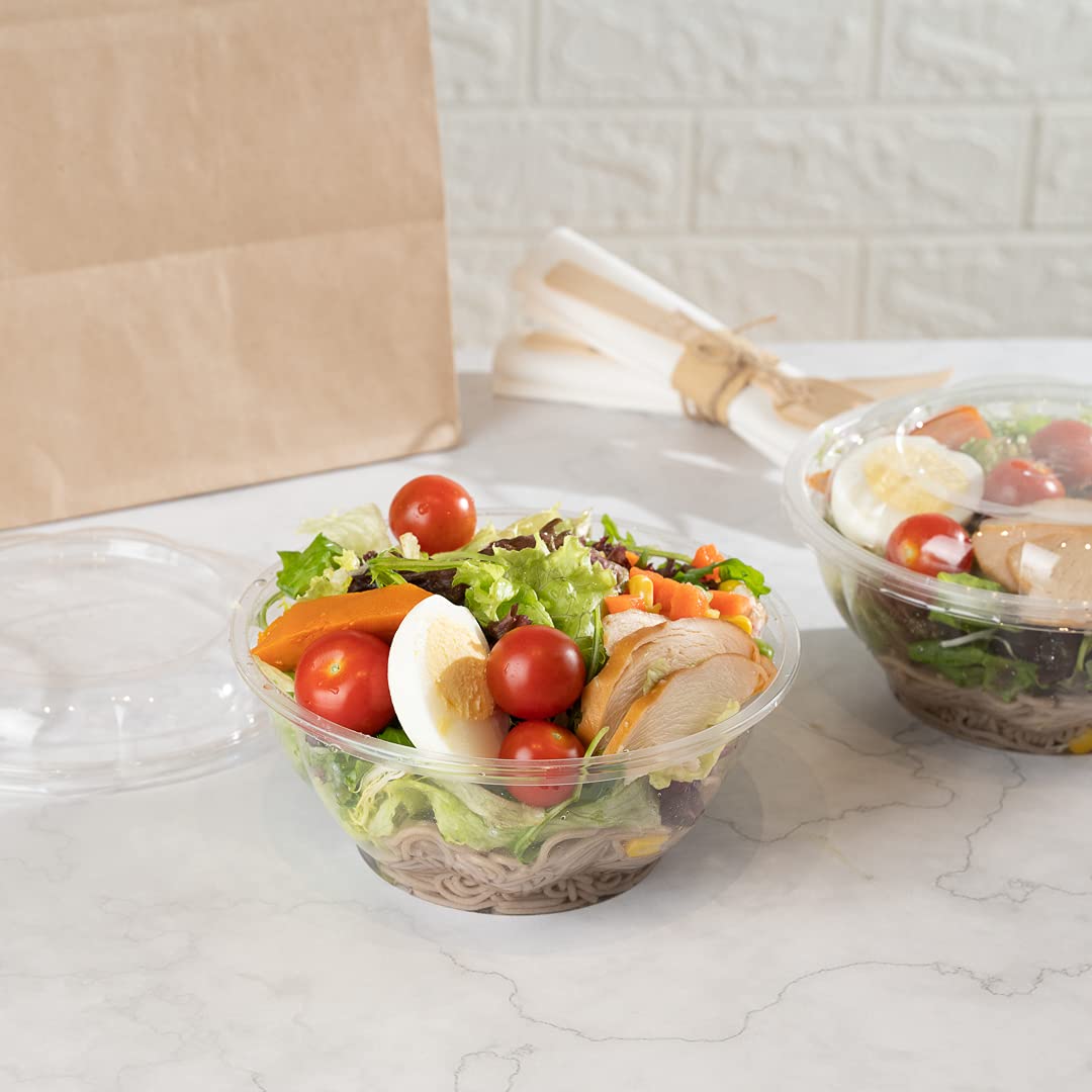 Thermo Tek 32oz Disposable Salad Bowls - 500 Pack Clear Round Plastic Deli Containers | Crack & Leak Proof | Eco-Friendly Food Storage | Perfect for Salads, Cold Meals, Picnics & Catering Events (Lids Sold Separately)
