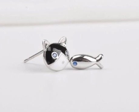 925 Sterling Silver Cat & Fish Enamel Stud Earrings for Women - Hypoallergenic Dainty Jewelry - Perfect Gift for Cat Lovers, Birthday, Anniversary (Ideal for Casual Wear, Date Night & Gift Giving)