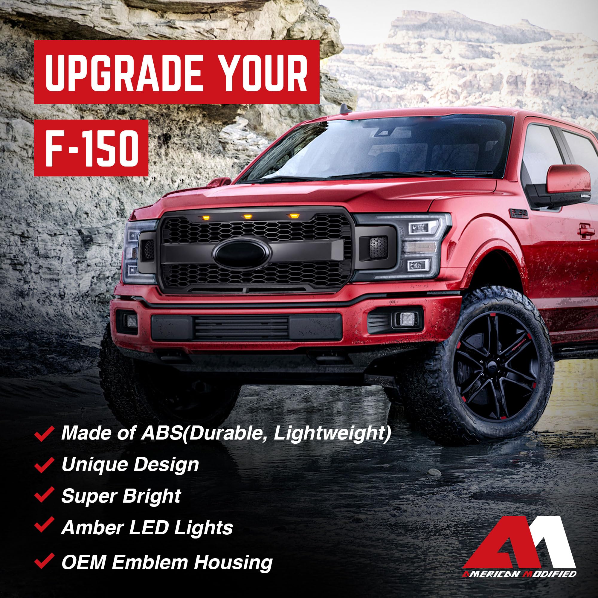 Raptor Style Mesh Grille with Amber LED Lights & Emblem Base for 2018-2020 Ford F150 | Matte Black | Off-Road & Street Upgrade | Enhanced Style & Durability