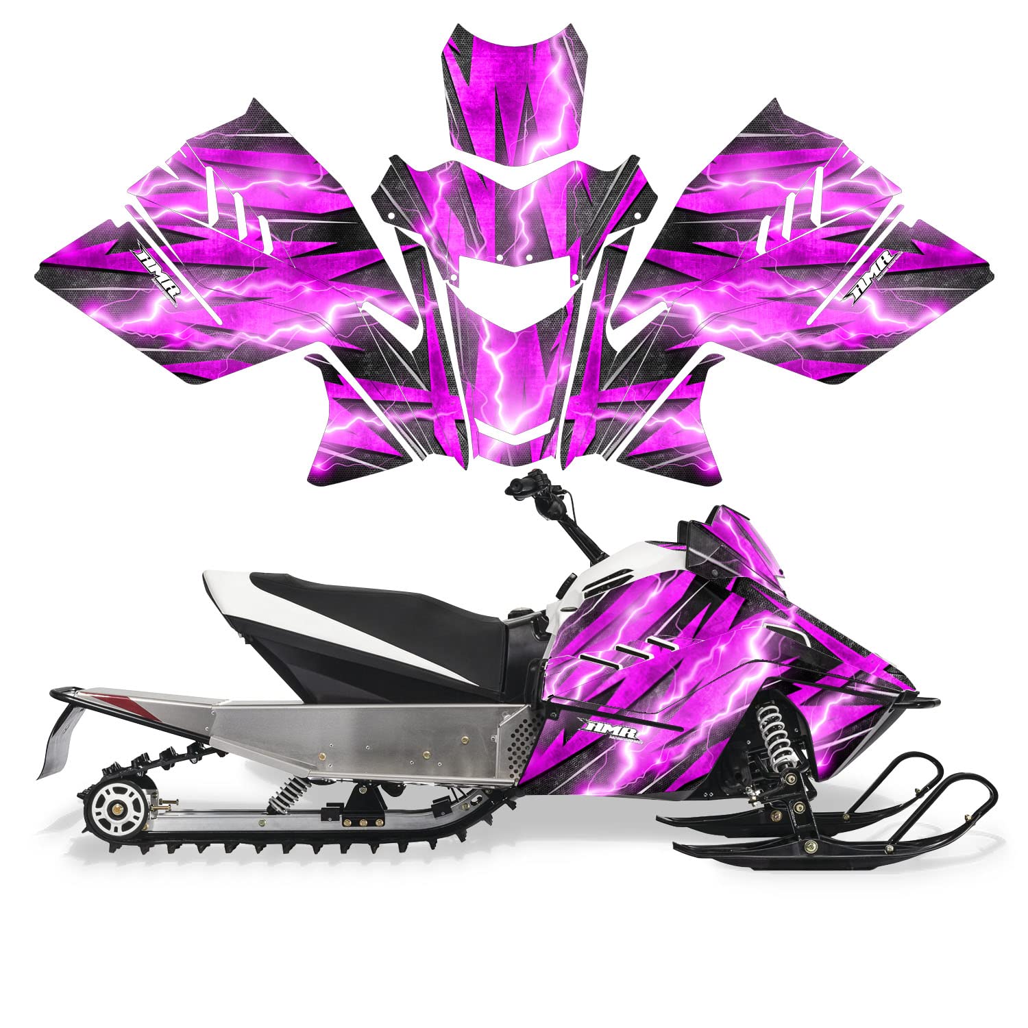 AMR Racing Snowmobile Full Graphics Kit Sticker Decal for Arctic Cat ZR200 (2018-2020) - Metal Thunder Pink Design | High-Quality Vinyl Decals for Trail Riding & Winter Sports