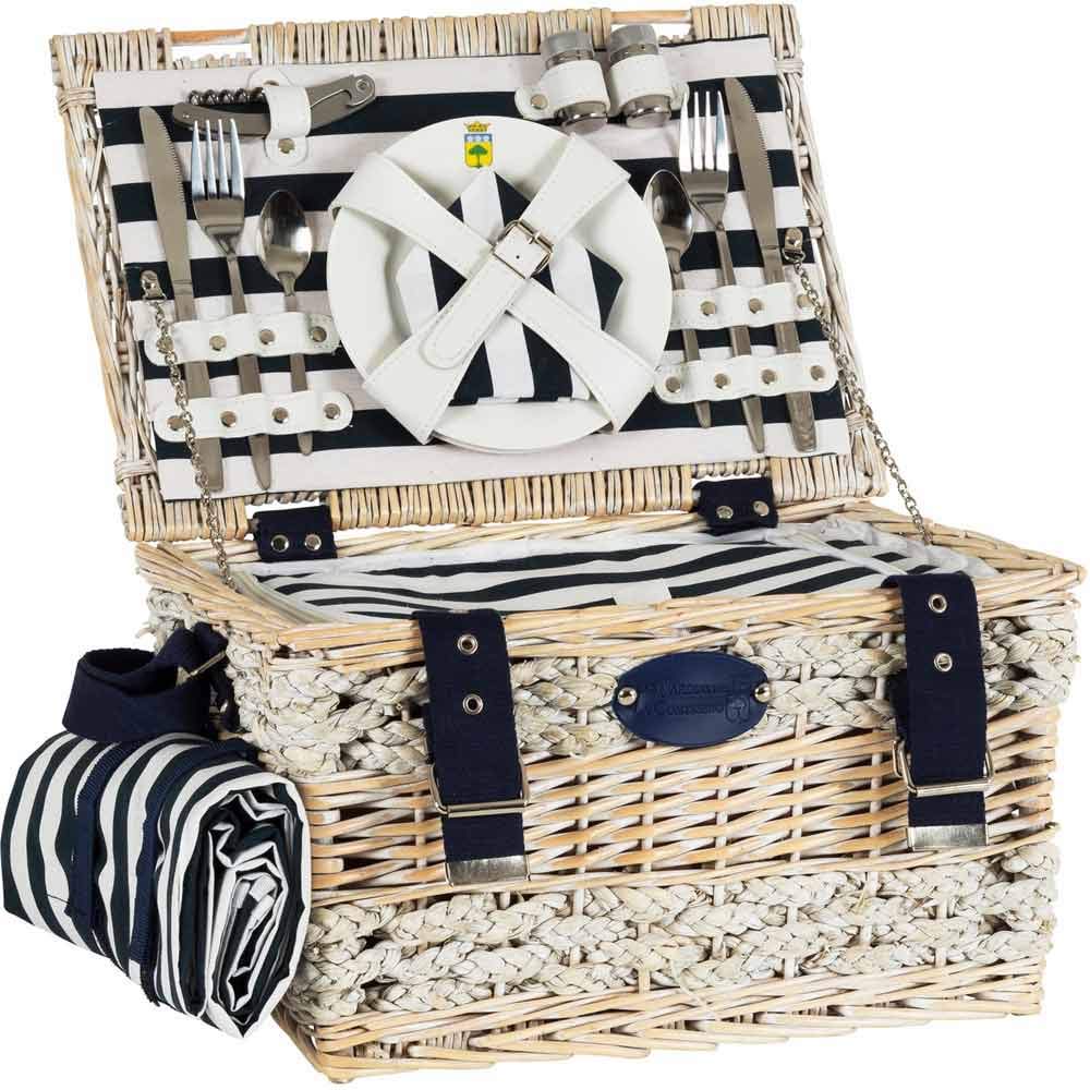 Les Jardins de la Comtesse - Premium Marine Picnic Basket Set for 2 - Insulated Cooler Compartment/Waterproof Tablecloth - Ceramic Plates/Glass Wine Glasses - 40 x 28 x 23 cm - Perfect for Beach Outings, Romantic Dates & Outdoor Dining