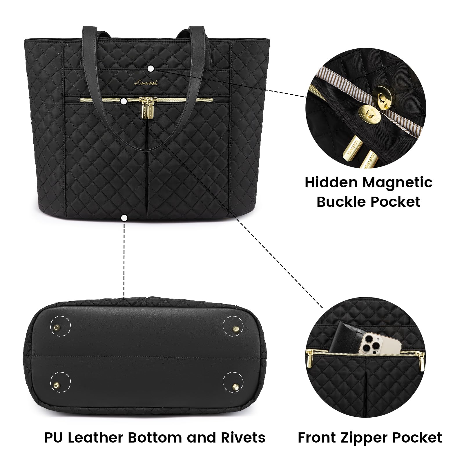 LOVEVOOK 17 Inch Diamond Quilted Laptop Tote Bag for Women - Stylish Work & Travel Computer Shoulder Bag, Professional Briefcase & Handbag with Clutch Purse (Black) - Perfect for Office, Business Trips & Daily Commute