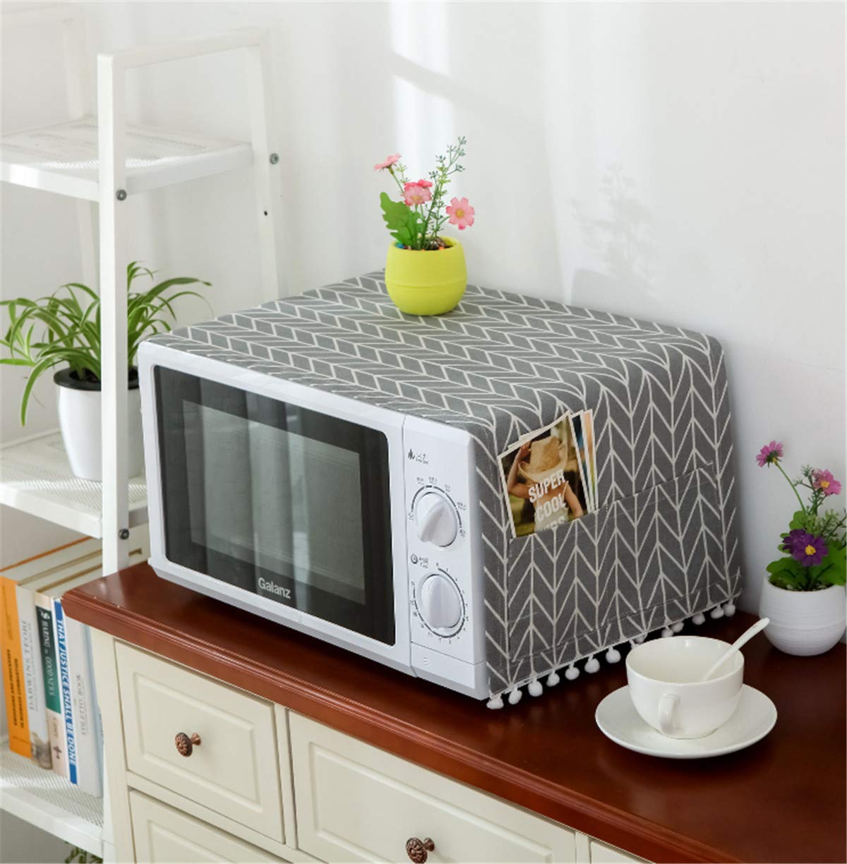 Microwave Oven Cover - Dust & Oil Proof Cotton Linen Kitchen Appliance Protector with Storage Pockets | Grey Arrow Design | Perfect for Countertop, Toaster & Small Appliance Protection