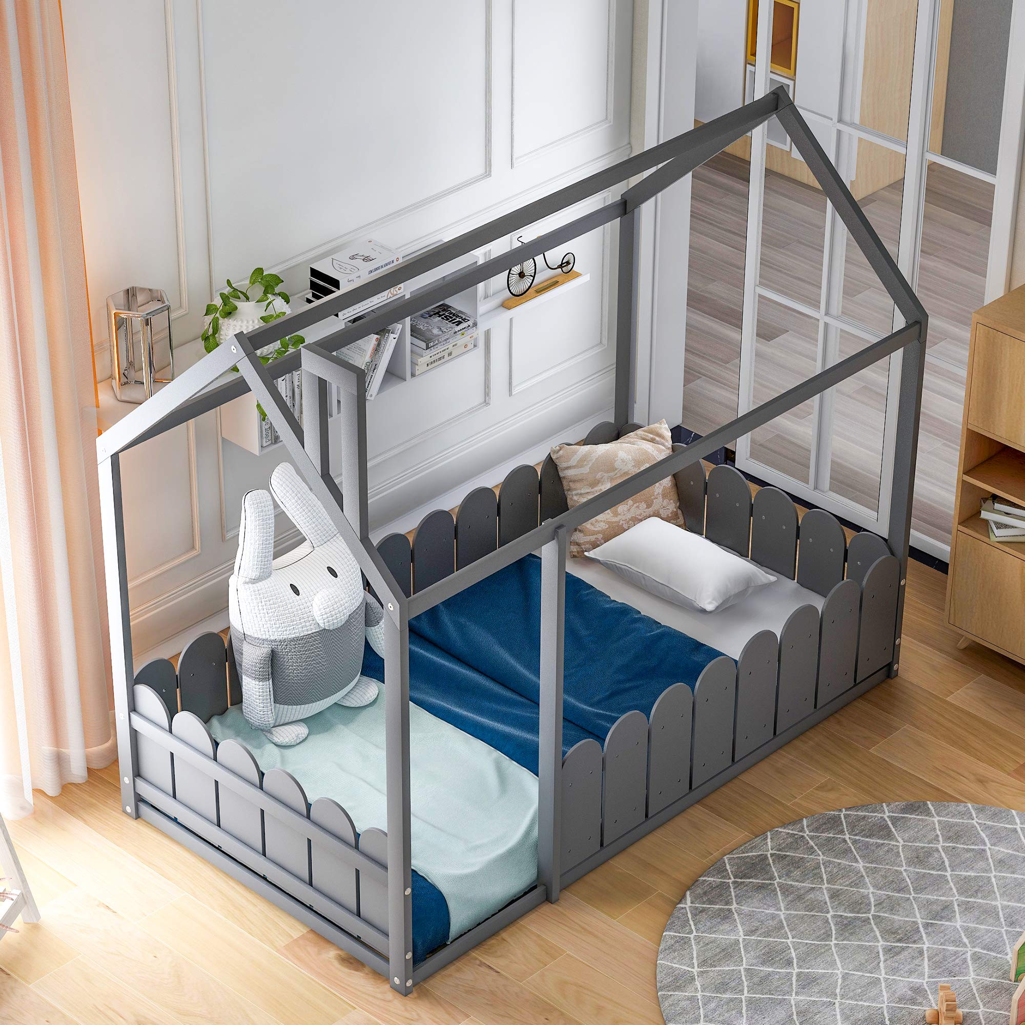 Wooden Twin House Bed Frame with Roof & Fence Guardrails for Toddlers, Kids, Boys & Girls - Easy Assembly, Grey (Box Spring Needed) | Perfect for Kids' Bedrooms, Playrooms & Themed Nursery Decor