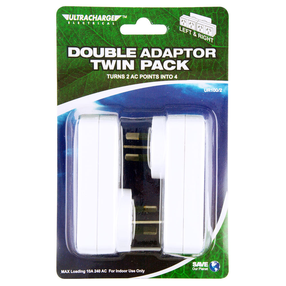 3x Ultracharge Double AC Adapter Twin L&R 4 Outlet Plug Extender - White | Multi-Port Wall Charger for Home, Office & Travel | Power Multiple Devices Simultaneously