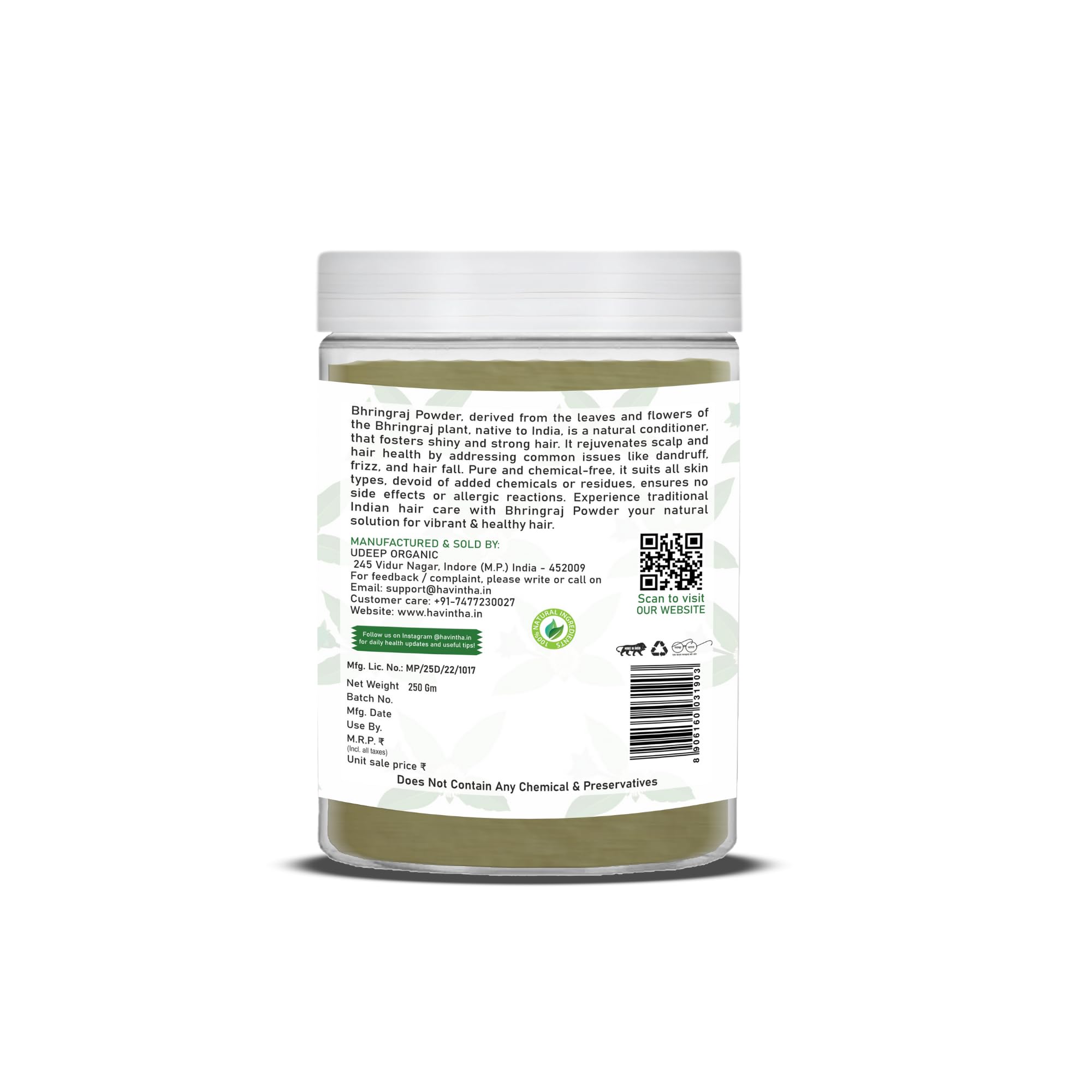 Havintha 100% Pure Bhringraj Powder for Hair Growth & Scalp Care - Natural Dandruff Treatment & Hair Mask for Women & Men (250g) | Promotes Healthy Hair, Reduces Hair Fall & Adds Shine | Perfect for DIY Hair Masks & Ayurvedic Hair Care Routines