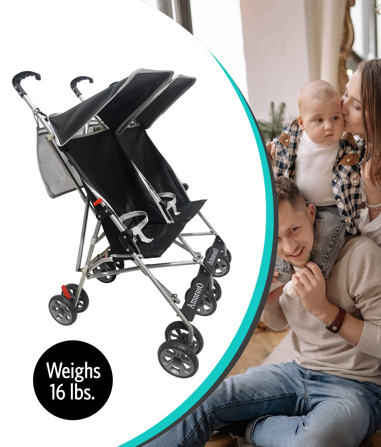 AmorosO Twin Lightweight Umbrella Stroller for Toddlers - Easy to Clean 4-Wheel Baby Stroller with Extra Storage & Sun/Rain Protection - Compact Travel Stroller for Twins - Perfect for Shopping, Travel & Outdoor Walks - Black