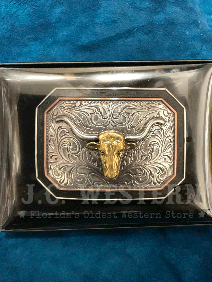 Ariat A37057 Scroll Engraved Longhorn Rectangular Silver Buckle - Perfect for Western Belts & Cowboy Boot Accessories