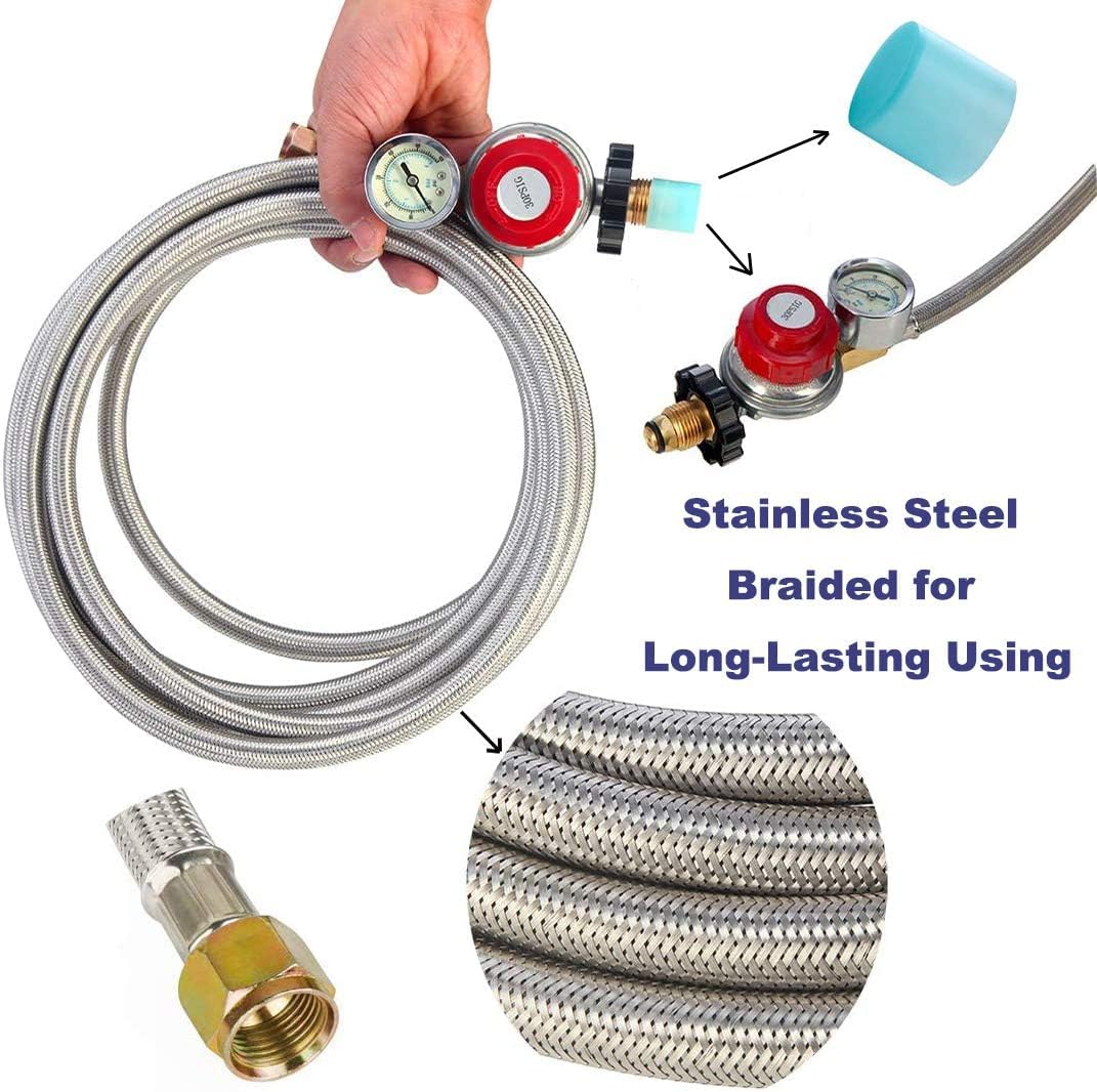 10FT High Pressure Propane Regulator with Hose - Adjustable 0-30 PSI Gas Regulator with Gauge, Stainless Steel Braided Hose for 5-100LB POL Tanks - Perfect for Fire Pits, Burners, Heaters, Fryers, Smokers & Griddles - Heavy Duty Outdoor Cooking & Heating Equipment