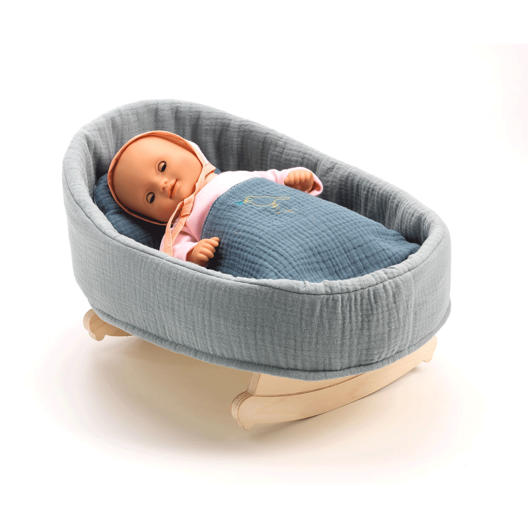 Djeco Pomea Rocking Cradle - Wooden Baby Rocking Chair with Safety Rails | Perfect for Nursery, Bedroom & Playroom Decor | Gift for Newborns & Toddlers