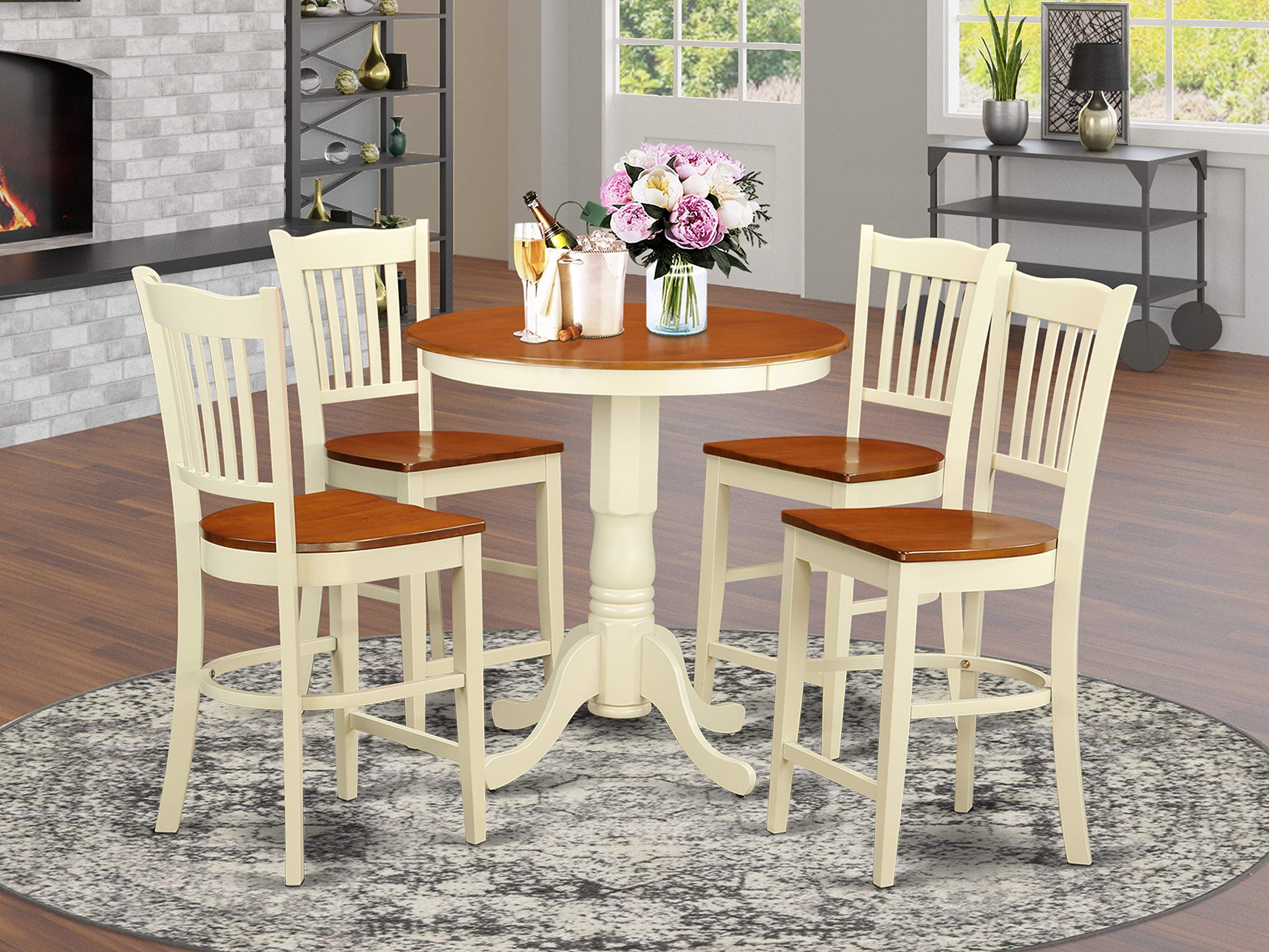 East West Furniture EDGR5-WHI-W 5-Piece Counter Height Dining Set - 30x30 Inch Round Pedestal Table with 4 Chairs in Buttermilk & Cherry - Perfect for Small Kitchens, Breakfast Nooks & Cozy Dining Spaces