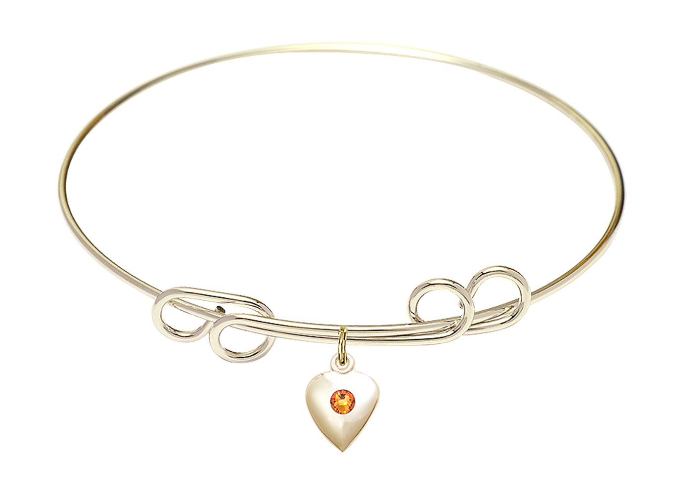 8 Inch Round Double Loop Bangle Bracelet with Heart Charm & November Birthstone Yellow Crystal - Elegant Jewelry Gift for Women, Birthday, Anniversary, and Special Occasions
