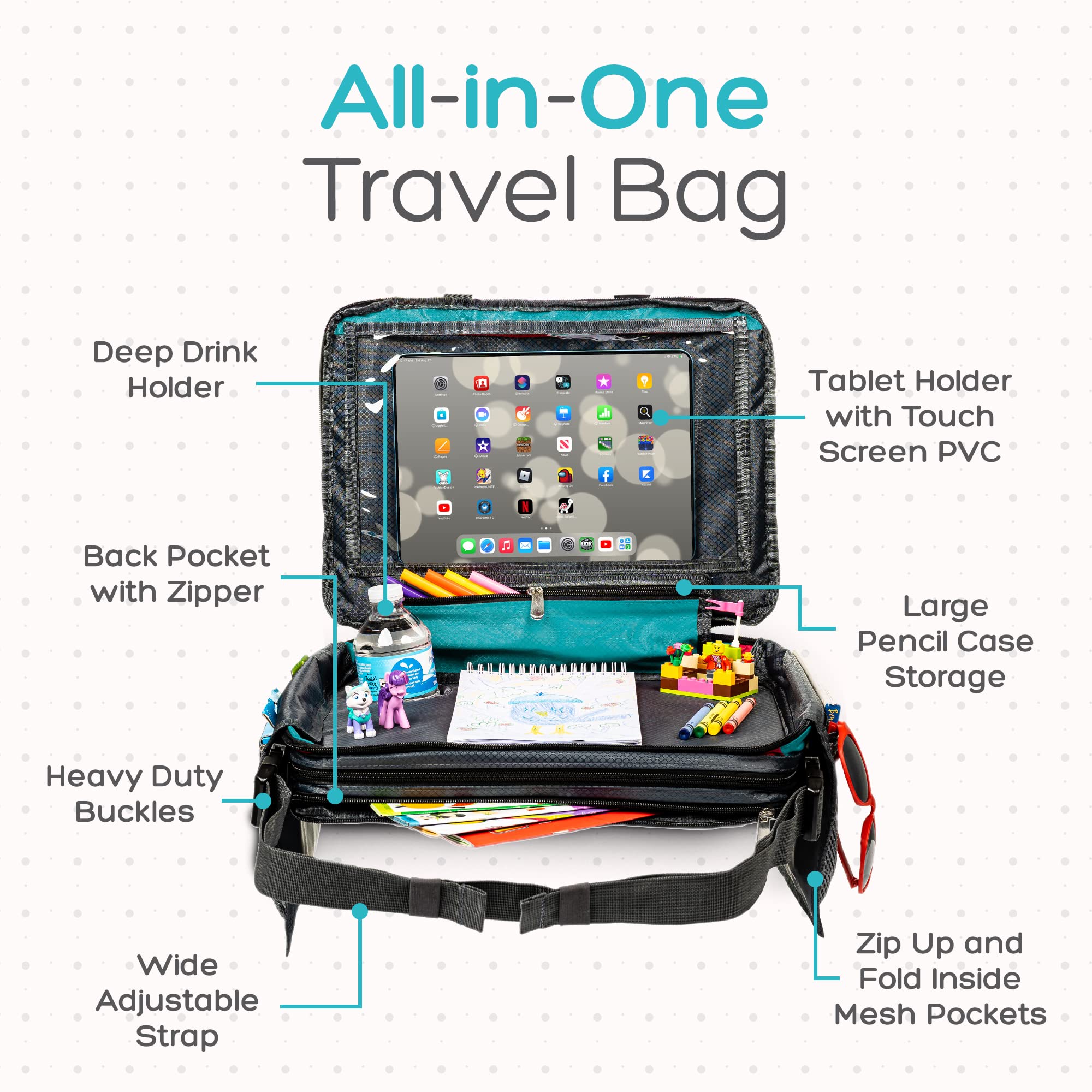 BE Family Travel Kids Car Seat Travel Tray - Portable Snack & Activity Tray for Toddlers - Teal Green Car Accessories for Children - Perfect for Road Trips, Snacks, Toys & Learning Activities