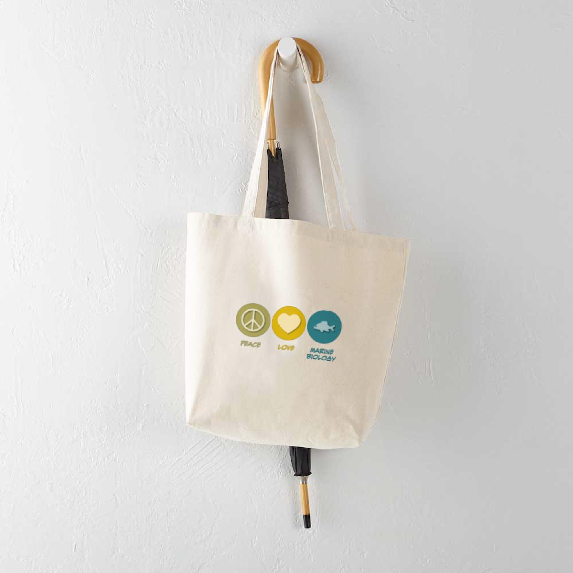 Eco-Friendly Peace Love Marine Biology Canvas Tote Bag - Reusable Natural Shopping Bag for Groceries, Beach & School | Sustainable Gift for Ocean Lovers
