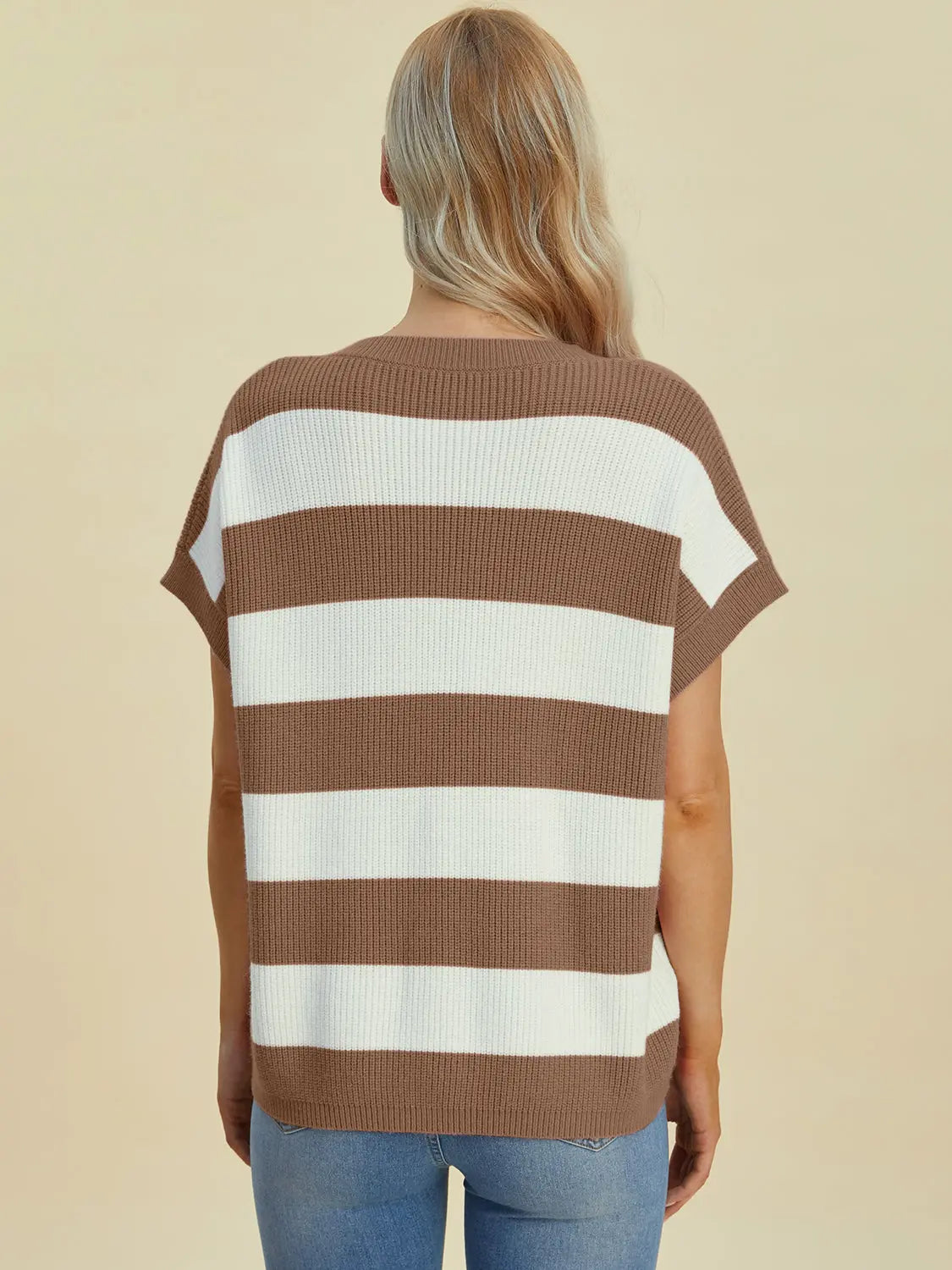 Double Take Full Size Striped V Neck Short Sleeve Sweater for Women - Soft Knit Pullover Casual Top for Spring & Summer Outfits | Office Wear, Date Night, Weekend Brunch