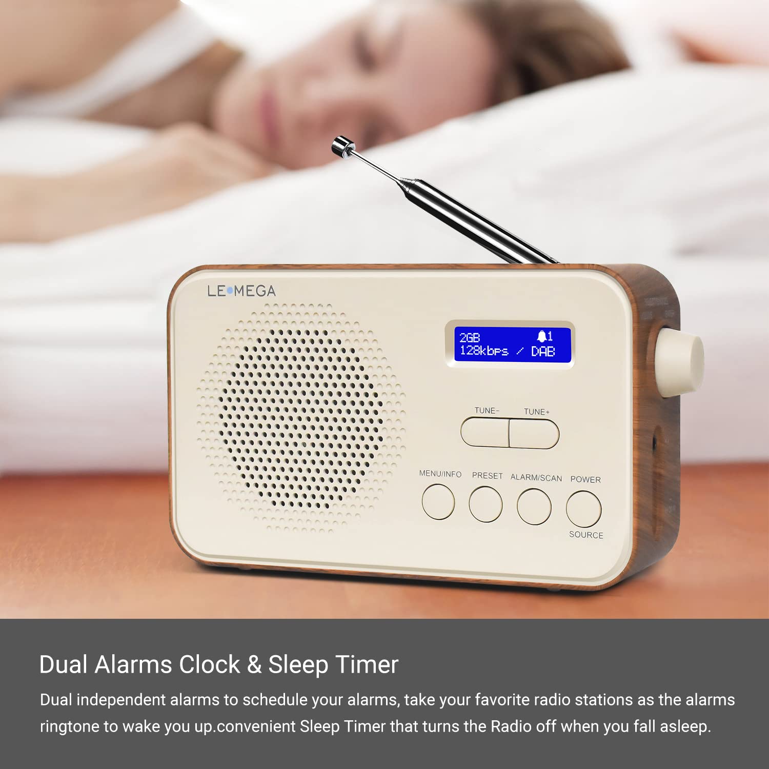 LEMEGA PR2 Portable Digital Dab/Dab+ FM Radio with Alarm Clock, 40 Preset Stations, Headphone Jack - Compact Pocket Size for Travel, Home, Office - Battery or Mains Powered (Walnut)