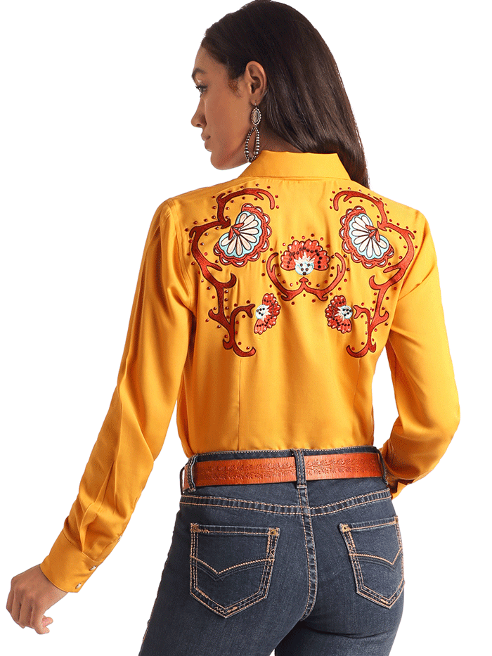 Women's Embroidered Retro Snap Shirt in Mustard Gold - Panhandle LWN2S05818 Vintage Style Button Up Top for Casual Outings & Western Fashion