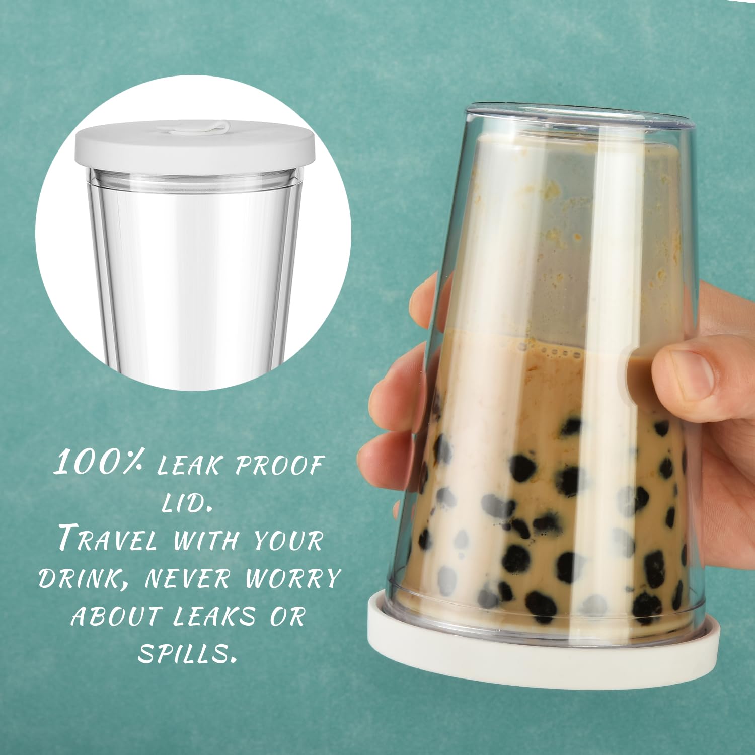 ALINK 450ml Clear Bubble Tea Cup with Lid & Straw - Leakproof Double Wall Insulated Plastic Tumbler for Smoothies, Iced Coffee & Boba Drinks - Perfect for Home, Office & Takeout
