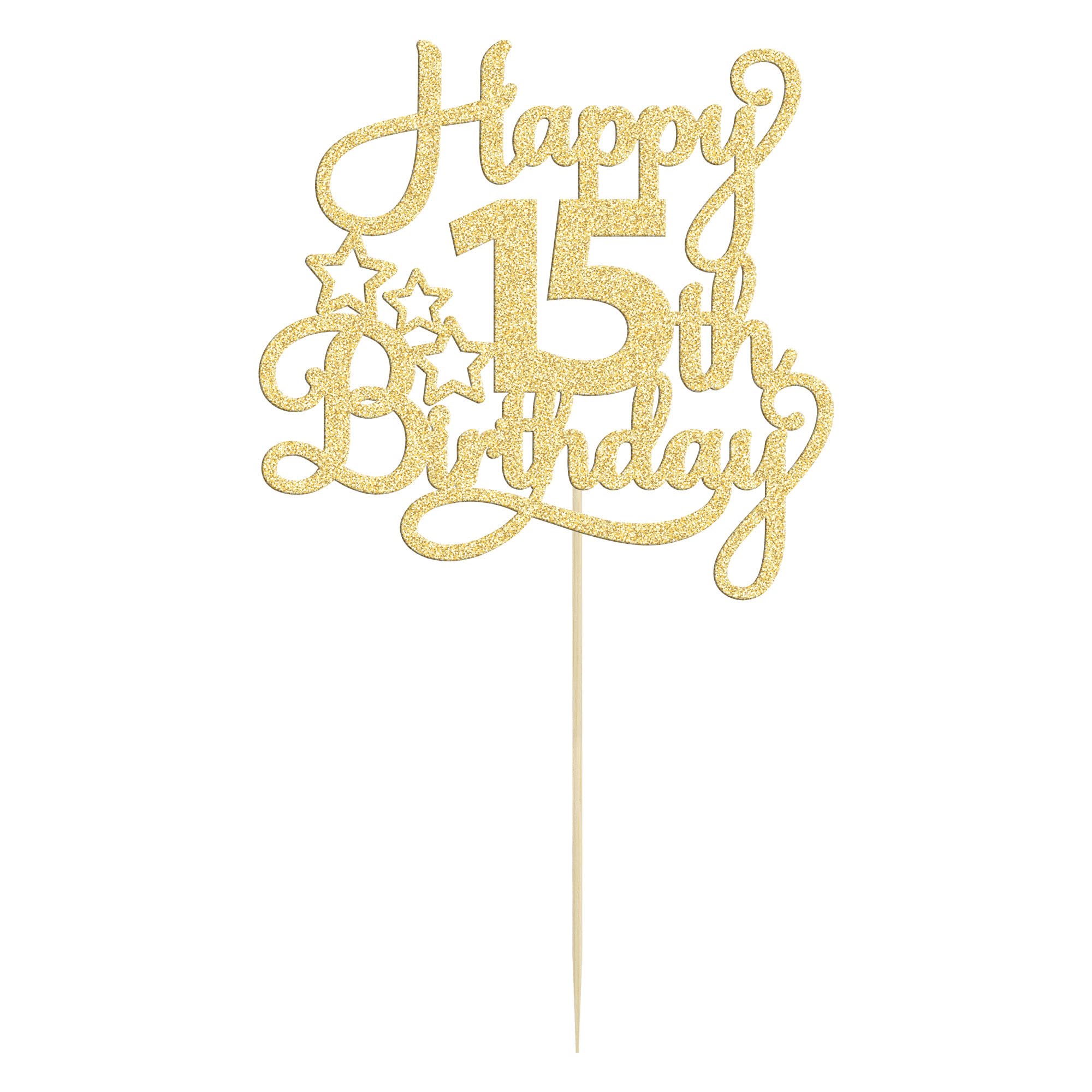 1 Pack Gold Glitter Happy 15th Birthday Cake Topper - 'Mis Quince' & '15 Cheers to 15 Years' Cake Decorations for Sweet 15 Party, Anniversary Celebration, Quinceañera Decor