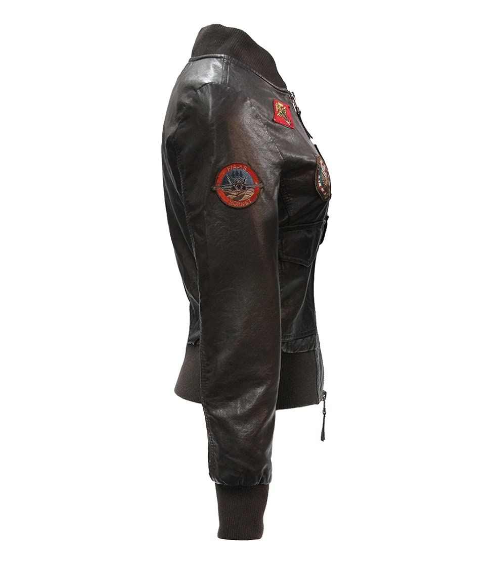 Top Gun Women's Vegan Leather Bomber Jacket with Patches - Stylish Vegan Leather Jacket for Women, Fashionable Faux Leather Bomber with Embroidered Patches - Perfect for Casual Outfits, Night Out, and Motorcycle Riding