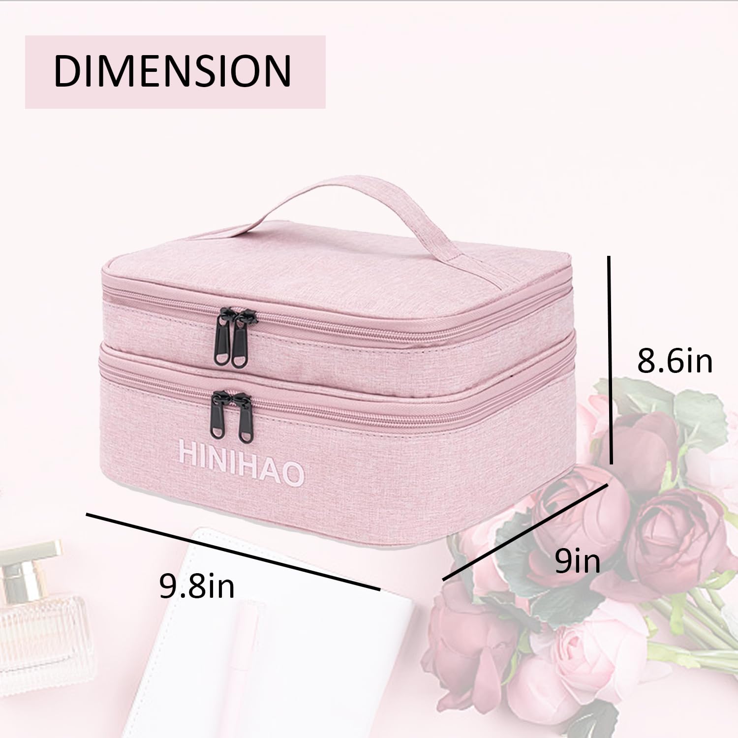 Portable Travel Makeup Bag with Handle & Adjustable Dividers - Double Layer Cosmetic Organizer with Brush Storage - Pink Small Makeup Pouch for Women | Perfect for Travel, Gym & Daily Beauty Essentials