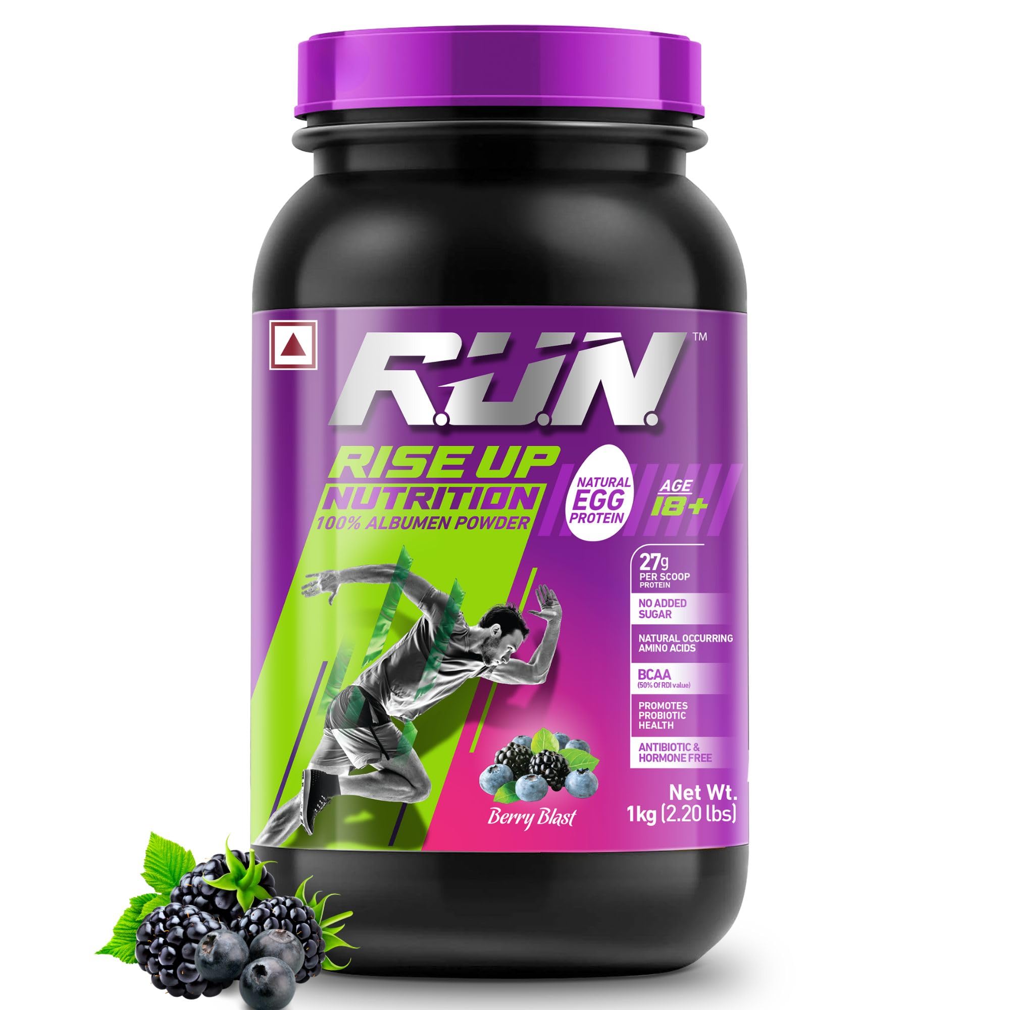 R.U.N-RISE UP NUTRITION Egg White Protein Powder - 27g Protein & 14g EAA per Serving | Lactose, Soy & Gluten Free | Supports Immunity & Muscle Recovery | Berry Blast Flavor - 1kg | Ideal for Athletes, Gym & Fitness Enthusiasts | Perfect for Post-Workout Shakes & Healthy Smoothies