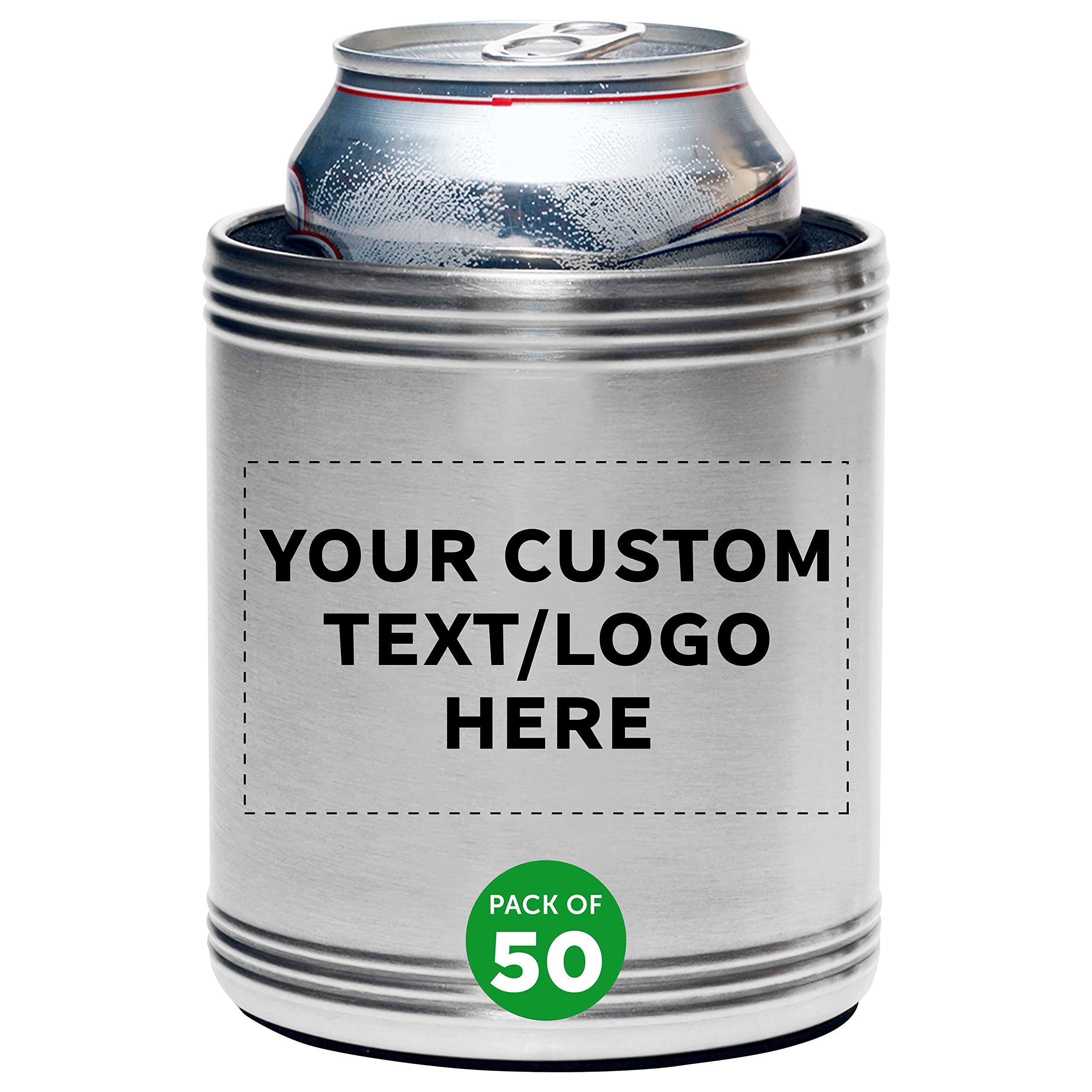 Custom Stainless Steel Can Coolers Set of 50 - Personalized Bulk Pack for Beer, Soda & Beverages - Silver - Perfect for Parties, BBQs, Tailgating & Outdoor Events