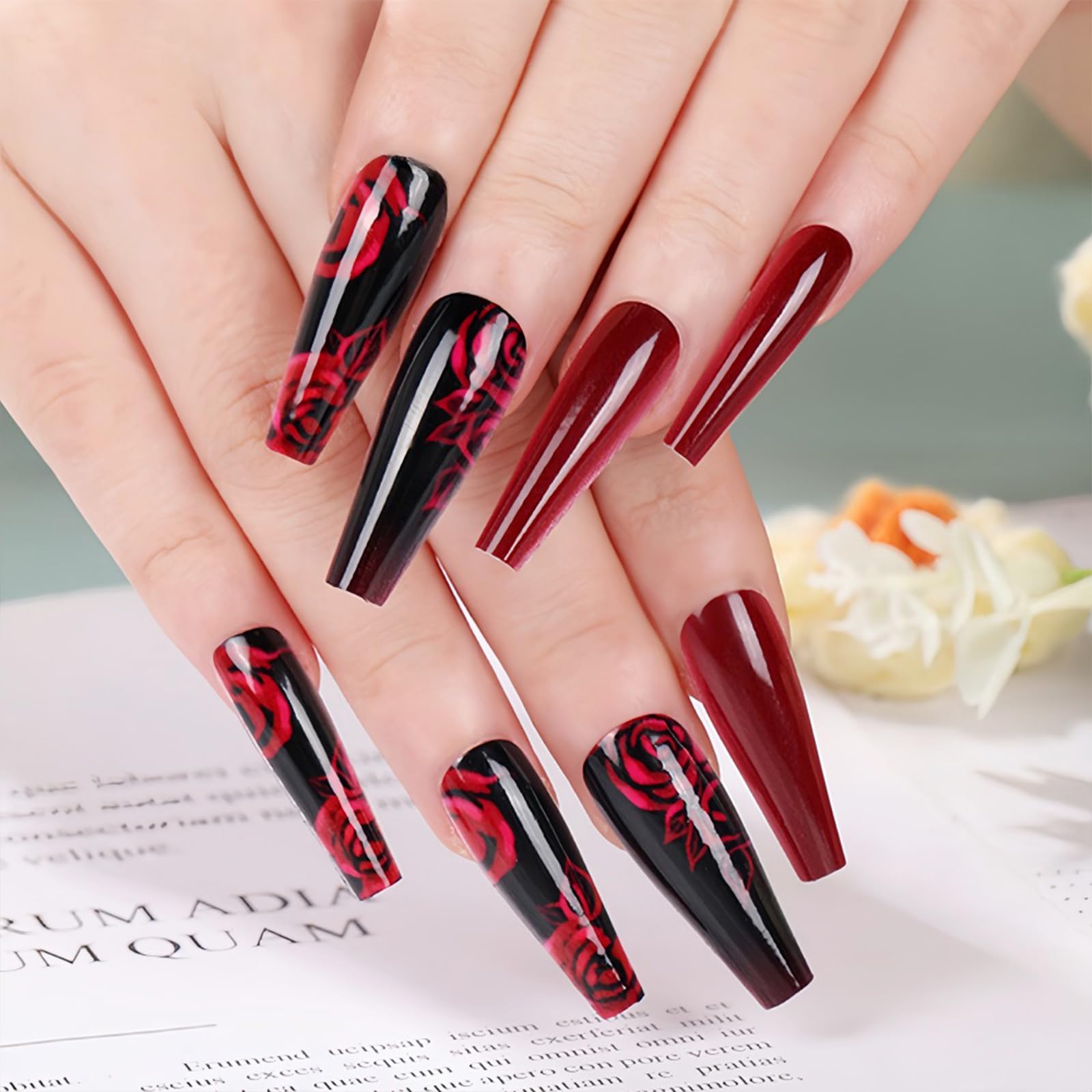 24Pcs Black Press on Nails Long Coffin Fake Nails - Wine Red Rose Flower Design Acrylic Glossy False Nails for Women | Full Cover Glue on Artificial Nails for Autumn Winter | Perfect for Parties, Weddings & Special Occasions