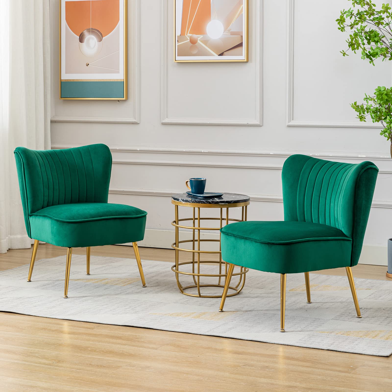 DUOMAY Modern Velvet Accent Chair Set of 2 - Green Wingback Slipper Chairs with Gold Metal Legs for Living Room, Bedroom, Entryway - Space Saving Small Corner Chairs for Apartments & Cozy Reading Nooks