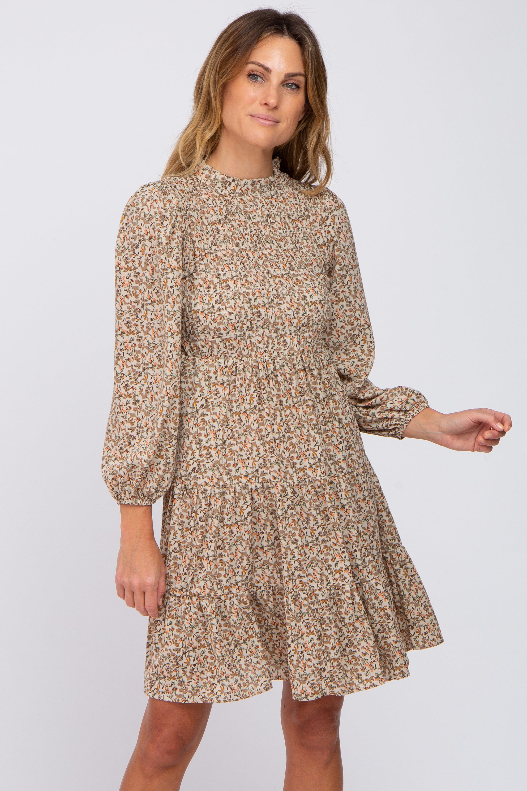 Beige Floral Shirred Mock Neck Maternity Dress for Pregnancy - Comfortable Stretchy Nursing Dress for Baby Shower, Maternity Photo Shoot & Breastfeeding