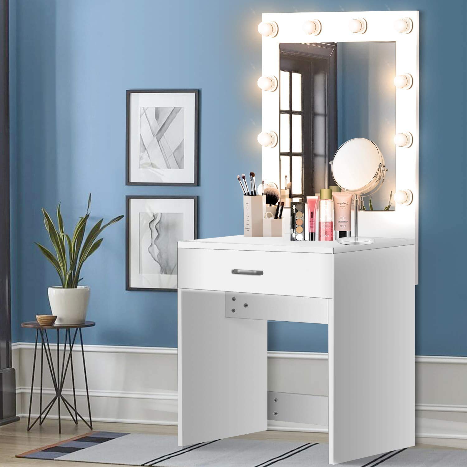 Lighted Vanity Set with Mirror - Makeup Dressing Table & Writing Desk with Drawer for Bedroom, White - Easy Assembly (Perfect for Small Spaces & Morning Beauty Routines)