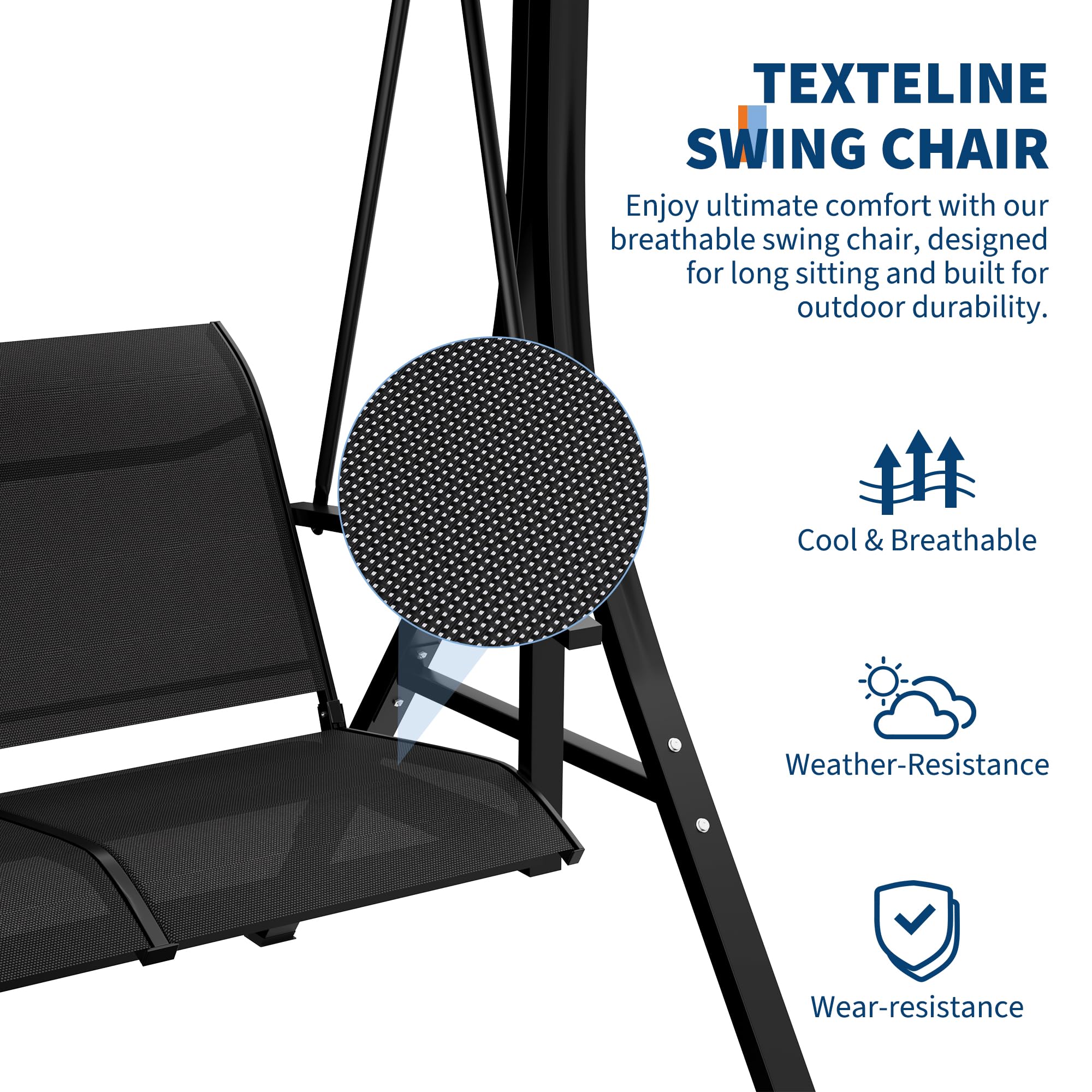 GARVEE 3-Seat Outdoor Patio Swing with Adjustable Canopy - Sturdy Steel Frame Porch Swing Chair for Backyard, Garden & Poolside - Perfect for Relaxing, Lounging & Enjoying Outdoor Spaces (Black)